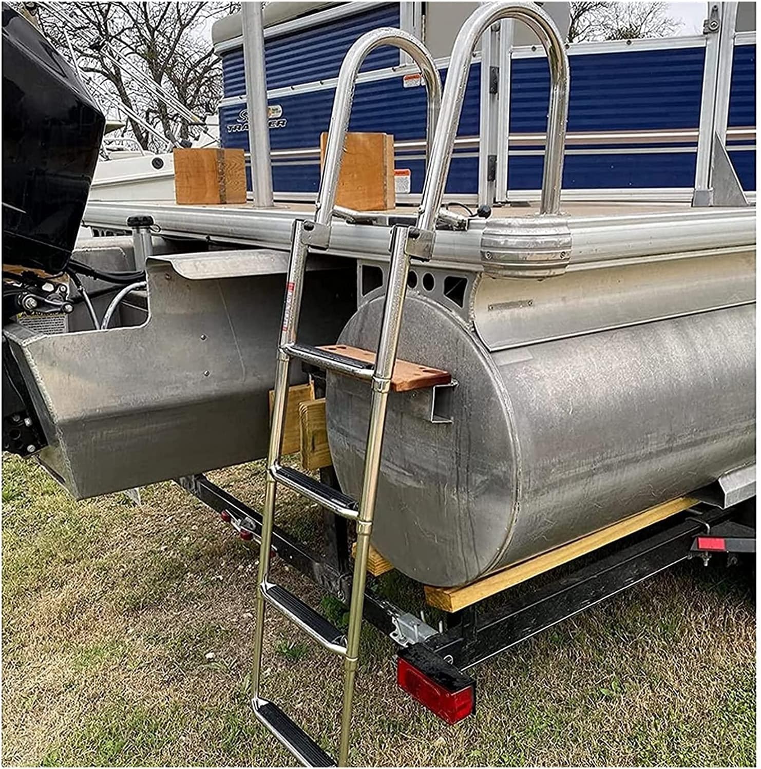 OKUOKA Telescopic 4 Step Ladder for Pool/Boat, Pontoon Marine Folding Rear Entry Inboard Ladders with Handles & Extra Wide Step, Sport Diver Ladder Interesting Life