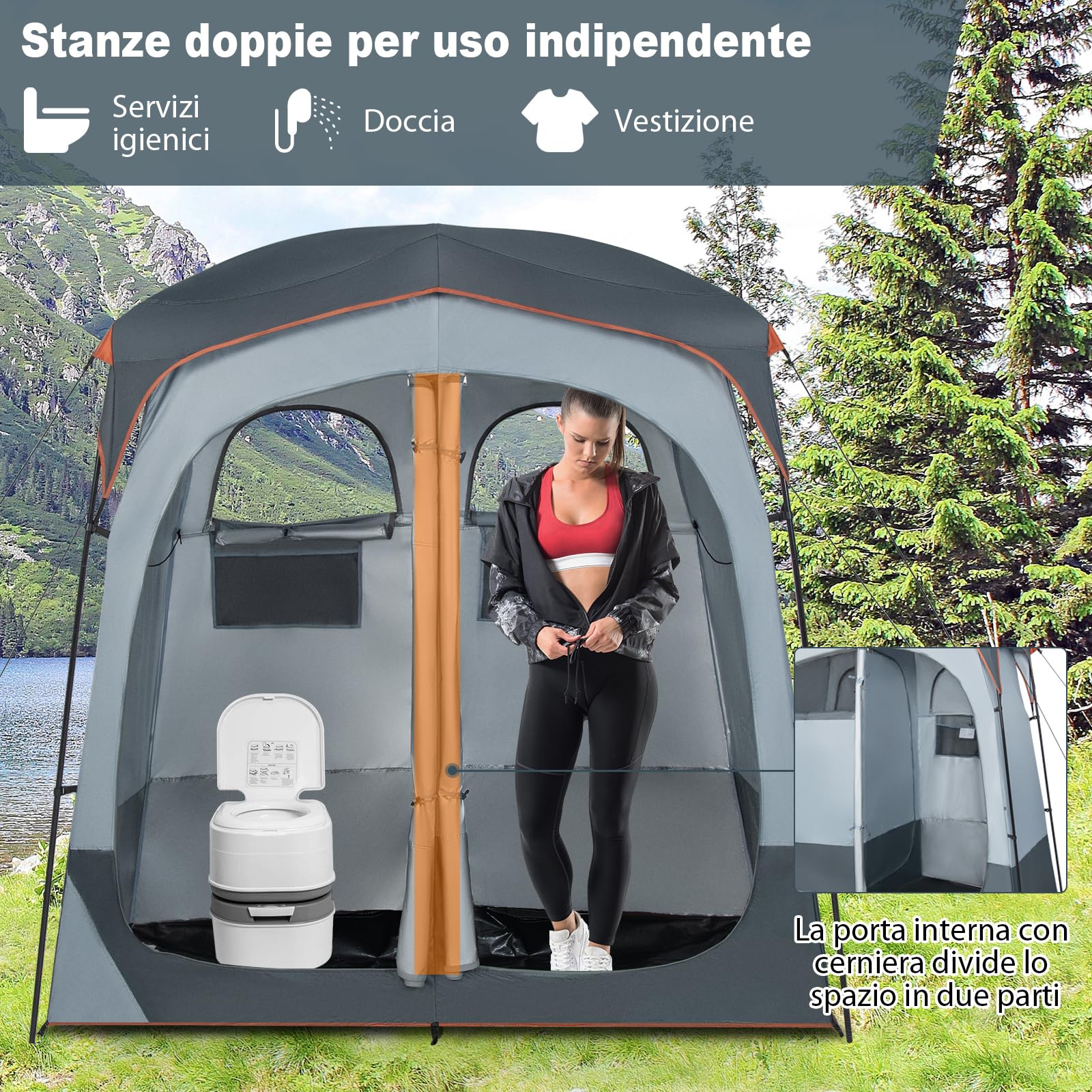 COSTWAY Tenda Spogliatoio da Esterno a 2 Stanze, Tenda da Doccia da Campeggio con Parapioggia Rimovibile, Stendibiancheria e Borsa, Tenda per WC Doccia per Campeggio, Spiaggia e Pesca