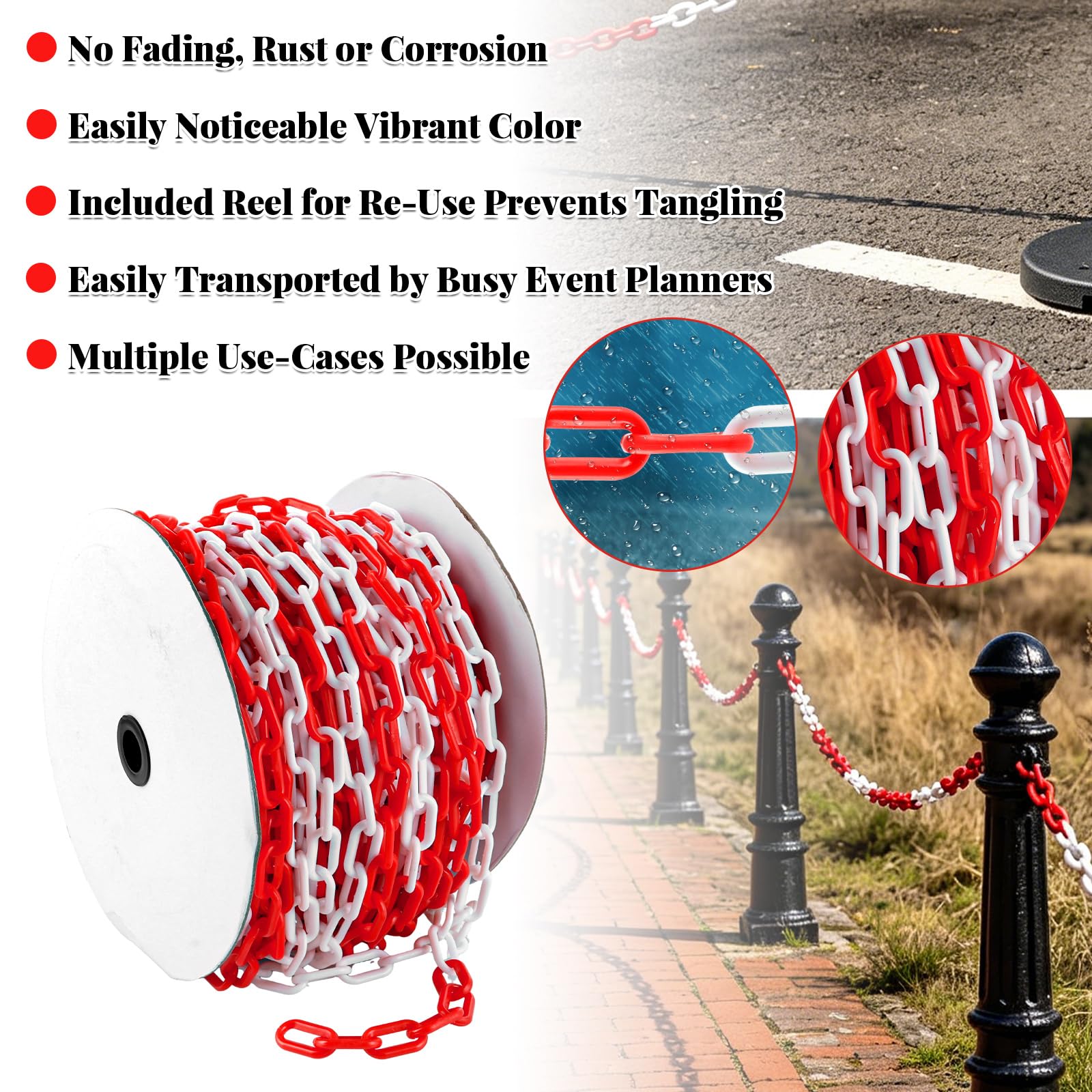 DAJAVE Catena di sicurezza da 50 m, in plastica, 6 mm, rosso e bianco, catena di sicurezza in plastica per bloccare superfici, blocco parcheggio