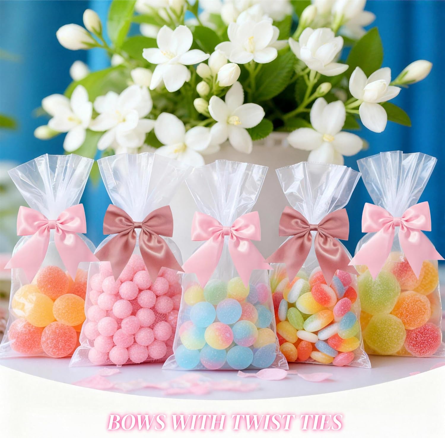 50pcs Pink Satin Gift Bows, 3.3" with Twist Ties, Small Mini Ribbon Bows for Gift Wrapping, Wedding, Baby Shower, Birthday, Christmas, Party Decorations, Treat Bags, DIY Crafts, Bow Decor - Image 3