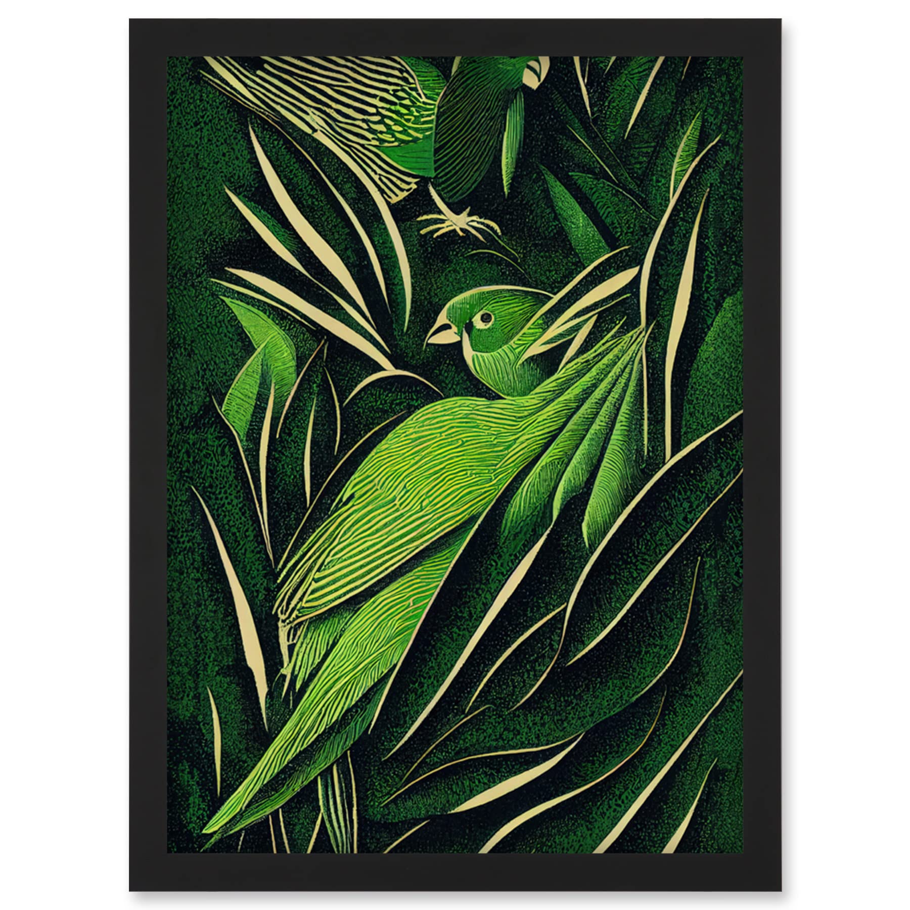 Wee Blue Coo Green Modern Vintage Retro Abstract Jungle Tropical Leaves Parrots Illustration Artwork Framed Wall Art Print A4