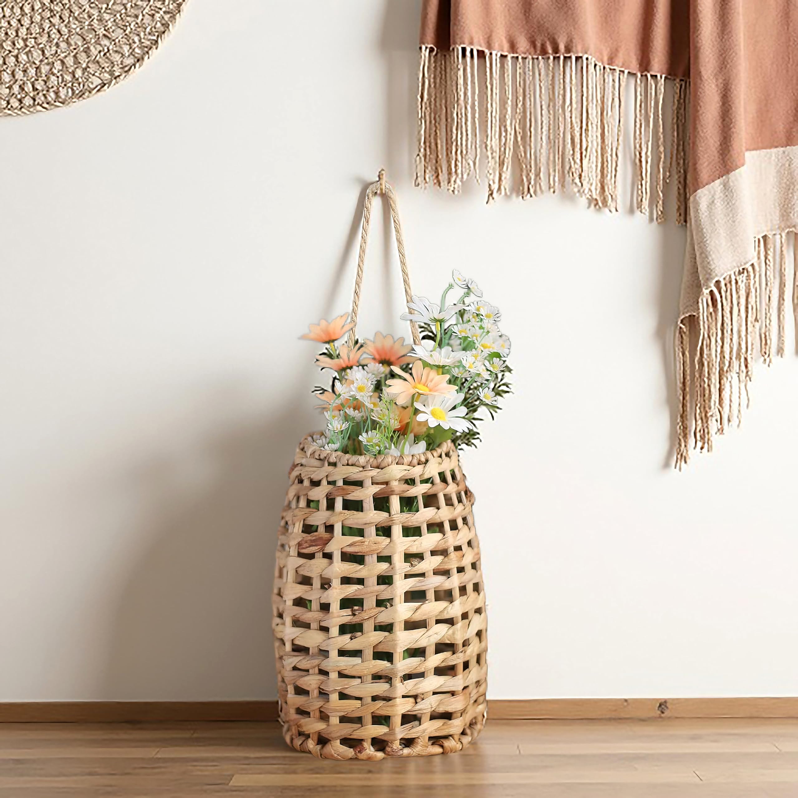 GYASVWU Handgewebte Wasserhyazinthe Gras Rattan Hängekorb Wandkorb mit Griff für Home Balkon Garten Farm Dekoration