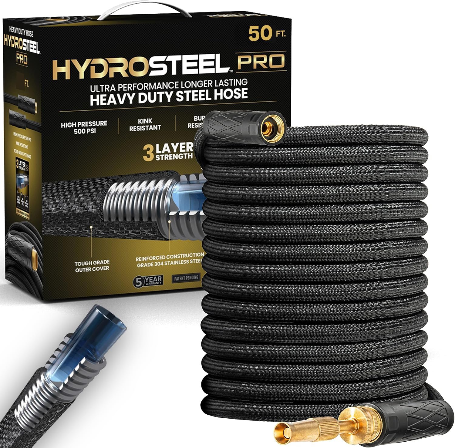 EMSON Hydrosteel 50 Foot Metal Garden Hose 304 Stainless Steel Water Hose – Super Tough & Flexible, Lightweight, Ultra Heavy Duty Brass Fittings, Kink Free, Rust Proof, Easy to Store, 600 PSI Strength