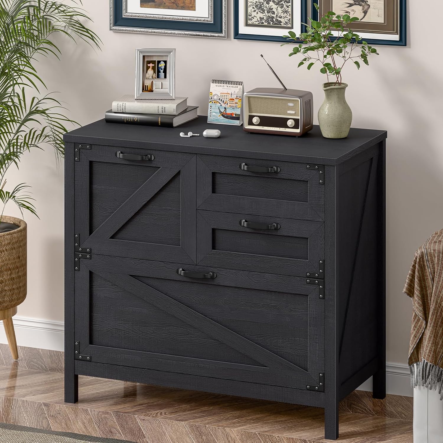 Vabches Wood Lateral File Cabinet with 4-Drawer for Hanging Files Letter/A4/Legal Size, Large Farmhouse Filing Cabinets for Home Office, Printer Stand with Office Cabinet, Office Furniture, Black