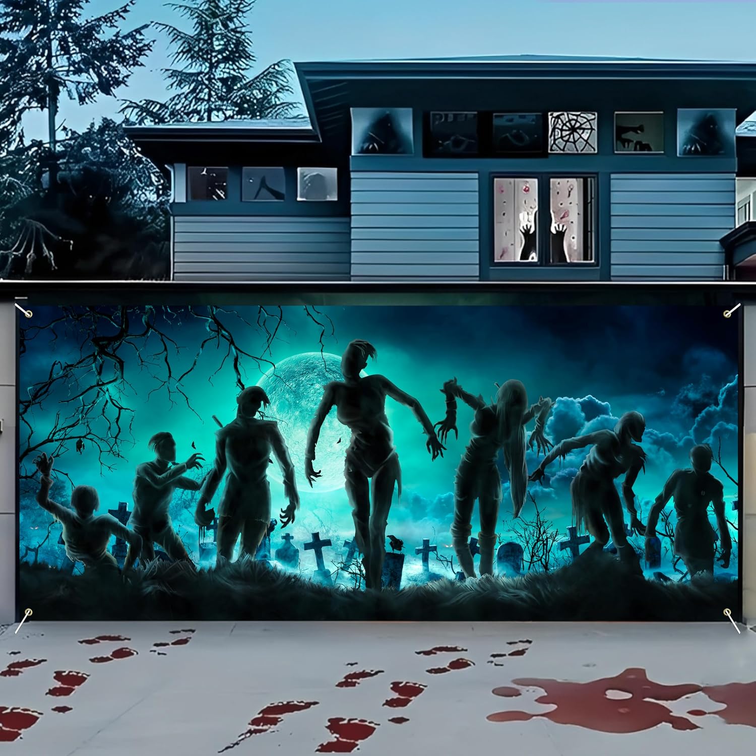 FRIENDISU Halloween Garage Door Decorations, 7 x 16 Ft Large Halloween Garage Door Cover Backdrop Banner Spooky Zombies Wall Background Party Decorations for Home Yard Outdoor Door
