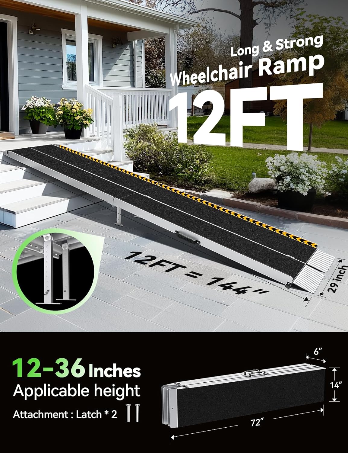 12 feet wheelchair ramp, non-slip aluminum folded handicap ramp with support legs, safer detachable door threshold wheelchair ramps for home steps, commercial wheel chair ramp for doorways 12ft(using height 12-36 inch)