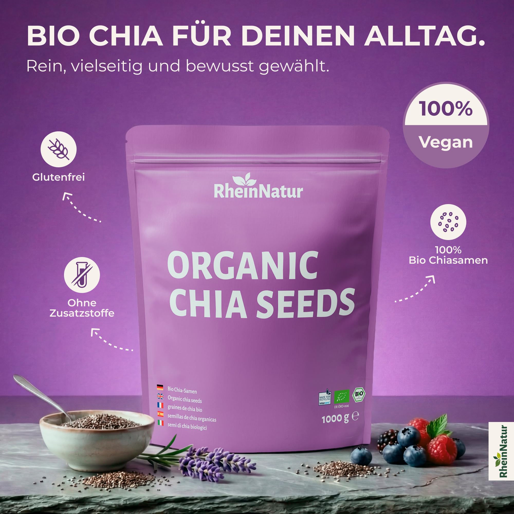 RheinNatur Bio Chia Samen 1 kg - 100% Bio Chiasamen - Reich an Proteinen, Ballaststoffen & Omega-3-Fettsäuren - Ideal für Salate, Joghurt… – Ansicht 2