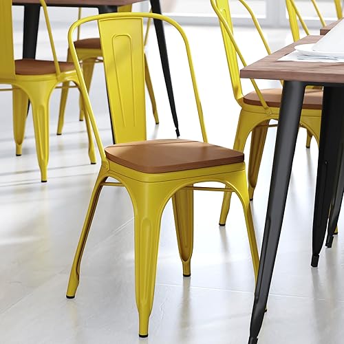 Miniatura 3 de BizChair Silla apilable comercial para interiores y exteriores con asiento de poliestireno, marco de metal amarillo, asiento de resina de