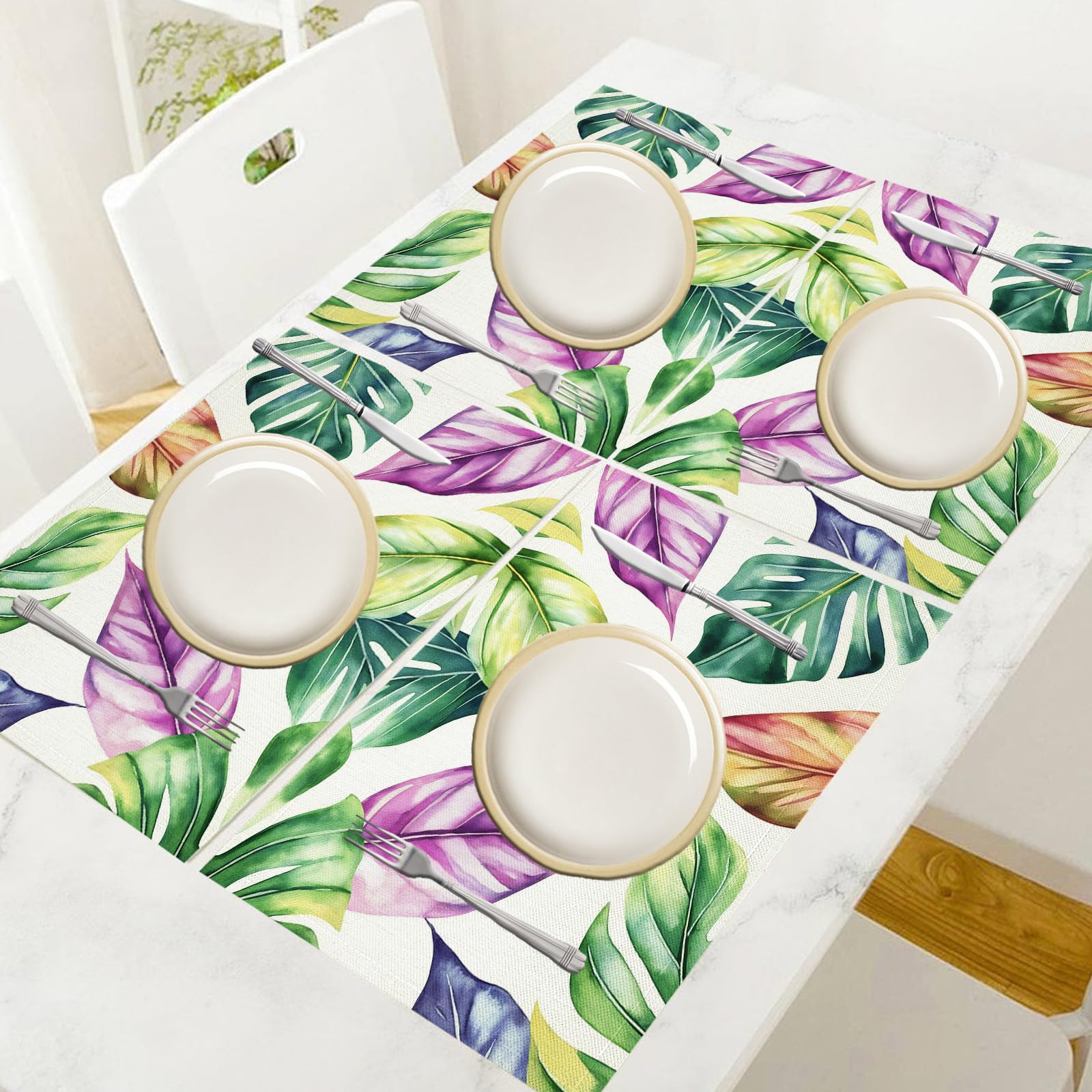 Set di 8 Tovagliette Americane Lavabili Cotone Lino Foglie tropicali - Tovaglietta Americana Resistenti al Calore Durevole Acquerello - per Colazione Pranzo 30×45 cm