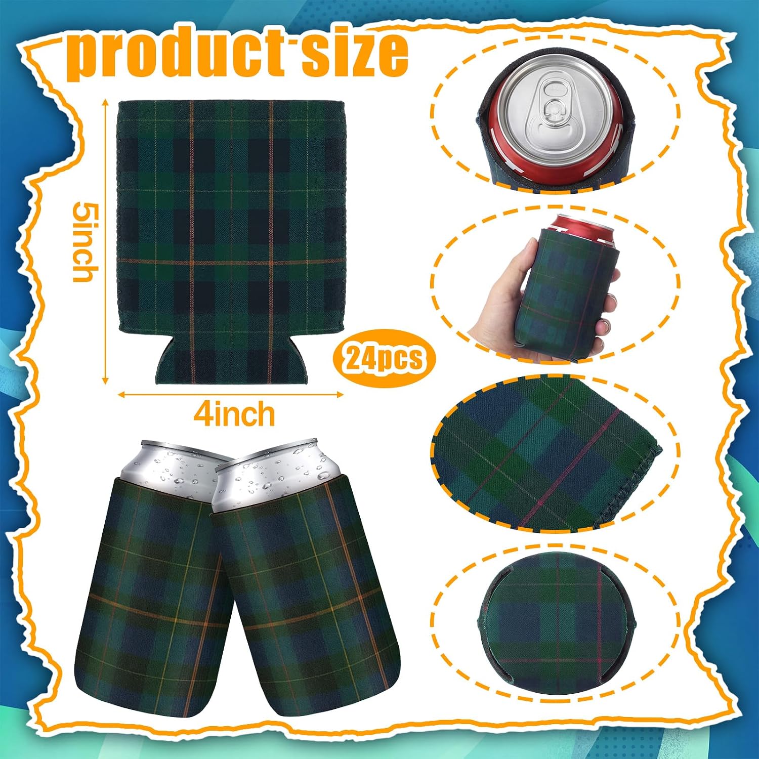 SiliFine 24 Pcs Baby Shower Decoration Green Blue Plaid Can Cooler Covers image 2