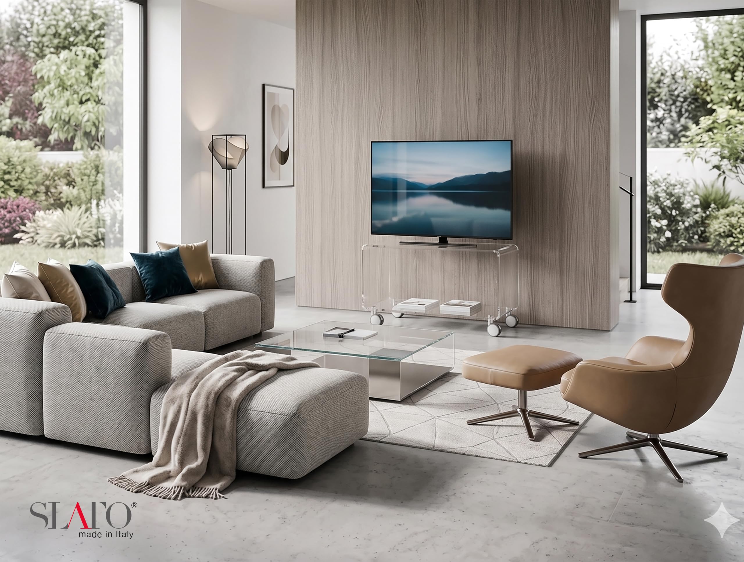 Slato Fedra Beistelltisch mit 2 Etagen, TV-Regal mit Rollen, modernes Design aus Acrylglas, hohe Dicke, transparent, hergestellt in Italien