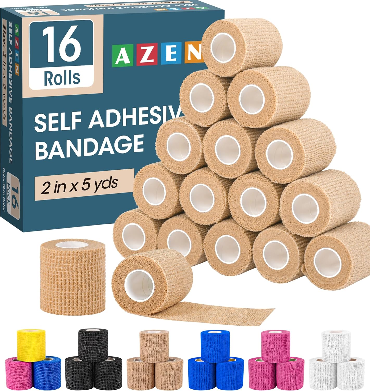 AZEN 16 Pack Self Adhesive Bandage Wrap, 2" X 5 Yards Elastic Cohesive Bandage Wrap, Skin Color Athletic Tape, Vet Wrap, Ankle Tape, Tattoo Grip Tape Wrap