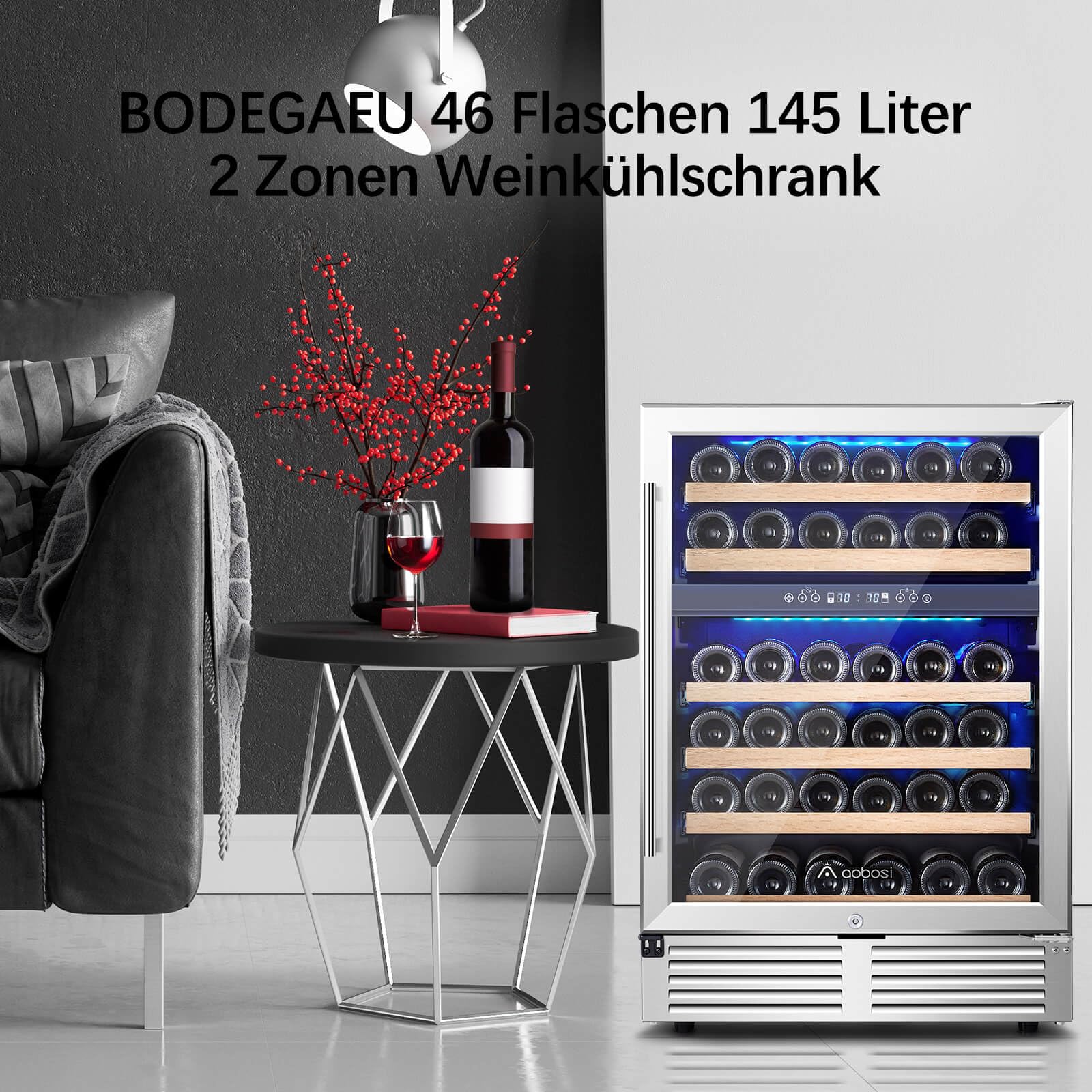 AAOBOSI Weinkühlschrank 145 Liter 41 Flaschen 2 Zonen 5-20°C LED