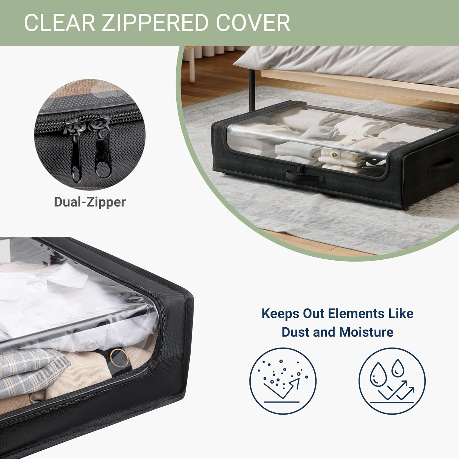 Underbed Storage Container with Wheels, Space-Saving Storage for Bedroom, Clear Zippered Cover with Reinforced Frame and Hidden Wheels, Ideal for Storing Clothes, Shoes, Bedding, or Toys, Set of 2