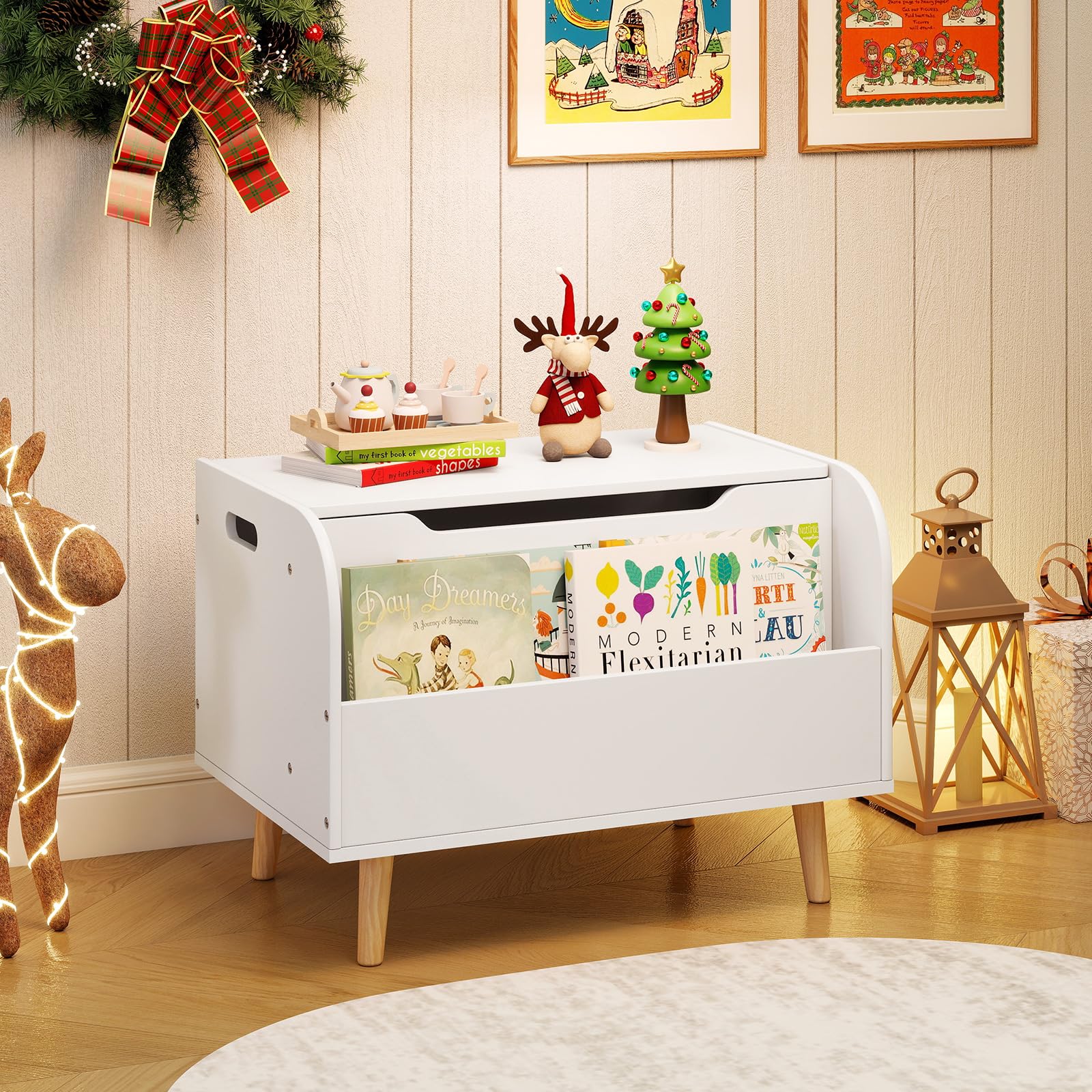 COSTWAY Spielzeugtruhe mit Deckel, 2 in 1 Spielzeugkiste aus Holz mit Bücherregal, Sitztruhe mit Stauraum, Spielzeug Aufbewahrung montessori für Kinderzimmer, Spielzimmer, 60 x 40 x 43 cm (Weiß)