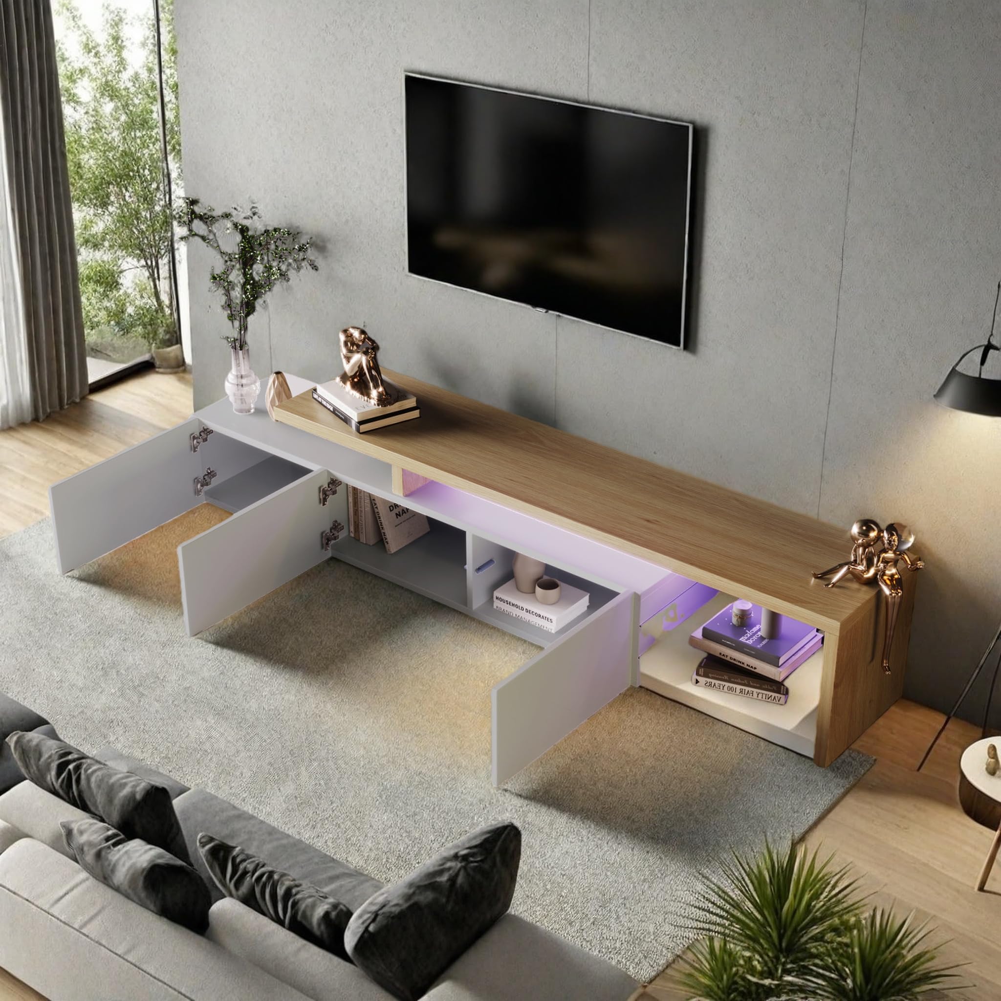 Mueble bajo para TV con Espacio de Almacenamiento, Mesa de televisión con 3 Puertas y Estante de Cristal, Banco de TV para televisores de hasta 85 Pulgadas, aparador para salón, Color Blanco