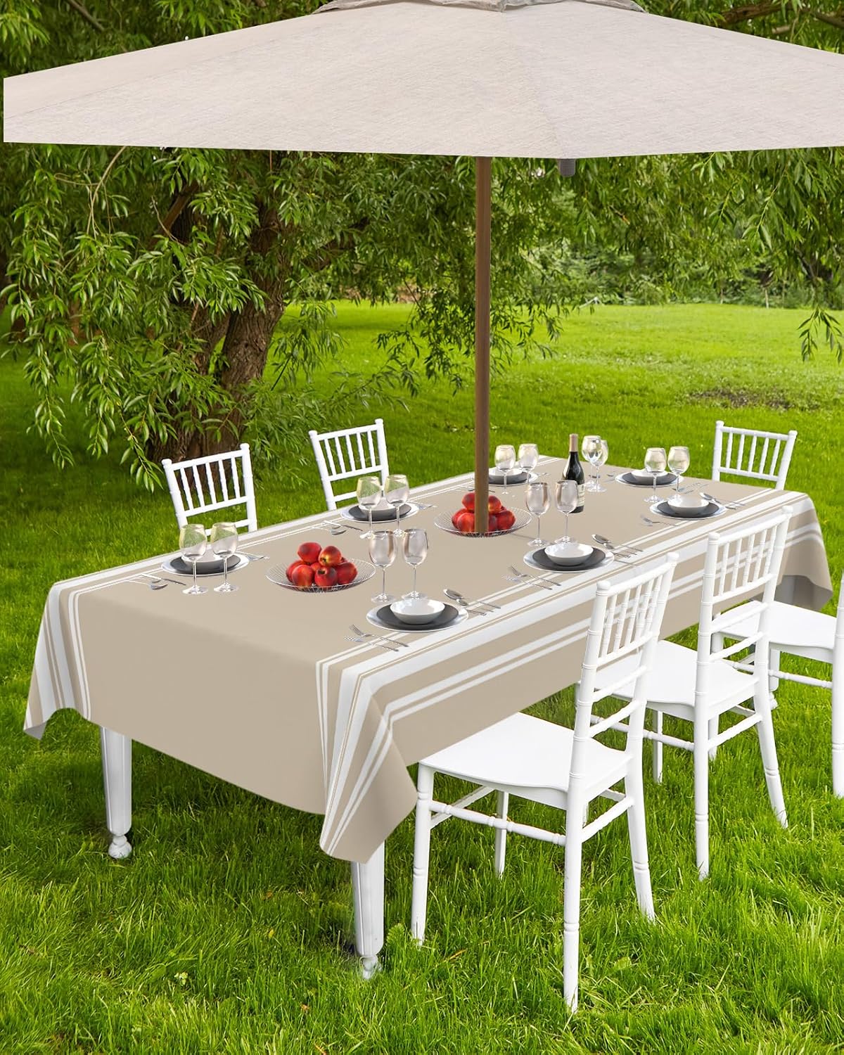 QueenKer Outdoor Tablecloth with Umbrella Hole, Khaki and White Stripe Rectangle Tables Waterproof Tabletop Collection for Patio, Garden, Picnic, Camping, Dining 60 x 84 inch