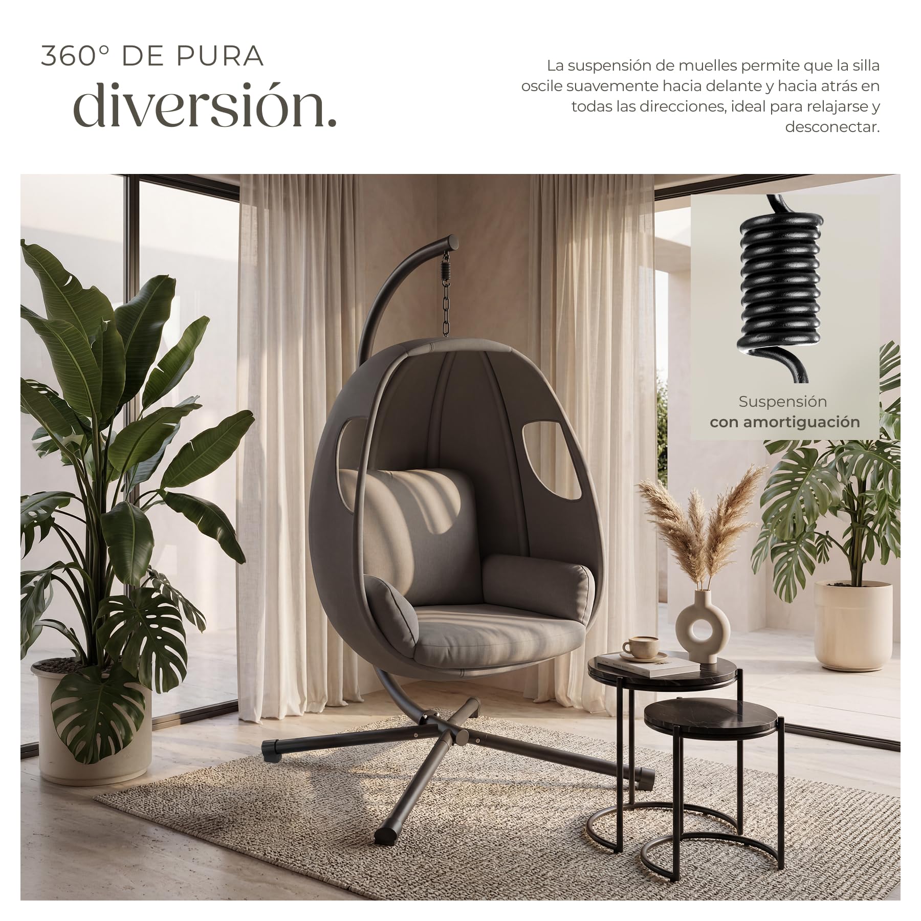 tectake® Columpio Jardín Exterior con Estructura, Silla Colgante Giratoria, Altura Ajustable, Resistente a la Intemperie, Sillón Colgante, hasta 160Kg, con Funda Protectora y Cojines - Antracita