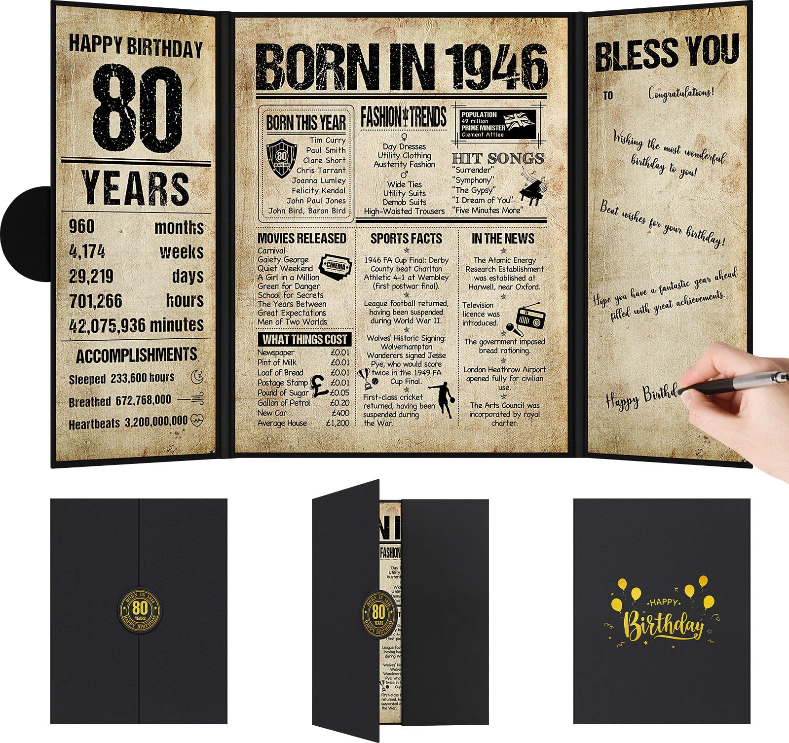 Benjia 80th Birthday Decoration, Bday Card Gift Guest Signing Book for Woman Man, Born in 1946 UK Poster Guestbook, 80 Years Old Signature Board, Vintage Birthday Party Decor for Mum Dad