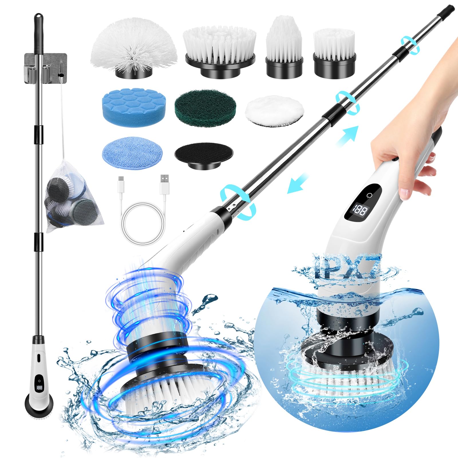 Brosse électrique Nettoyage Rotative, Brosse de Douche avec 8 Têtes de Brosses Remplaçables, Electric Spin Scrubber, Manche Extensible, 2 Vitesses, étanche IPX7, pour Salle de Bain Cuisine Voiture