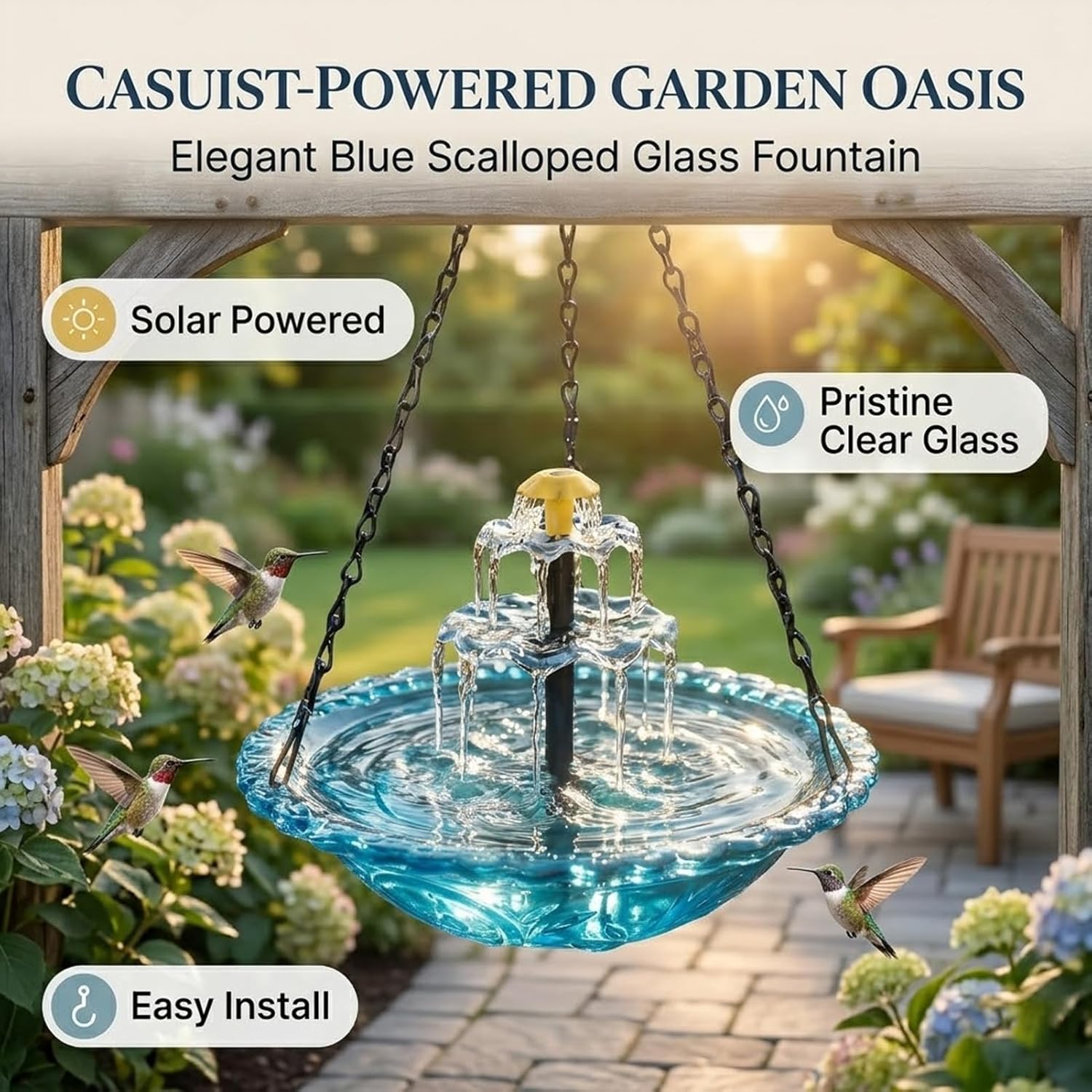 2026 Upgraded Solar Cascade Hanging Bird Bath Fountain with Pump, 3 Tier Hummingbird Water Fountain for Outdoor Garden Yard Patio Balcony, Decorative Birdbath with Chain Hook