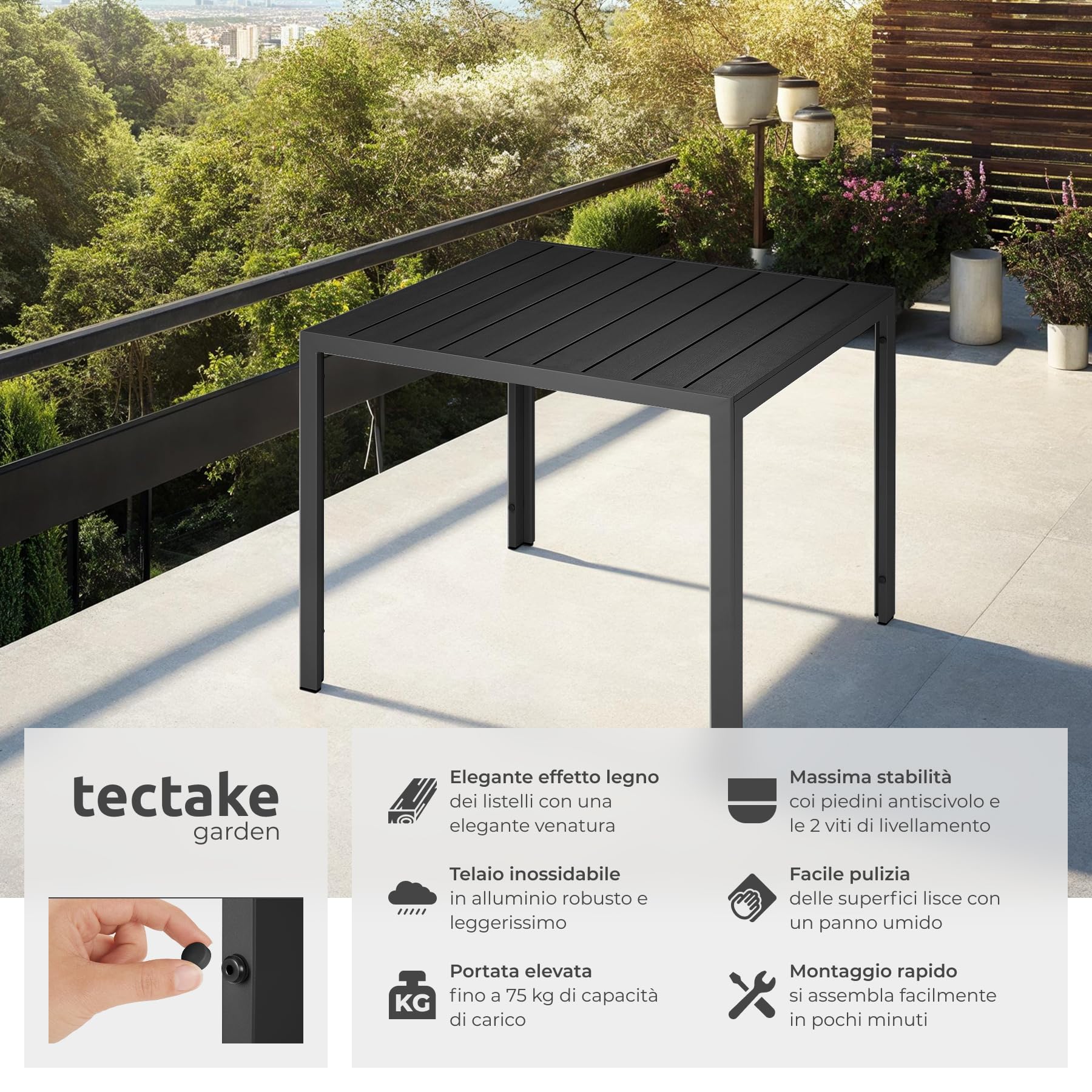 tectake®, Tavolo da Giardino in Alluminio, Tavolo da Esterno, Tavolino da Balcone, Effetto Legno, Regolabile, Resistente Intemperie, Ideale come Arredamento per Terrazzo, 90x90x74,5cm - nero