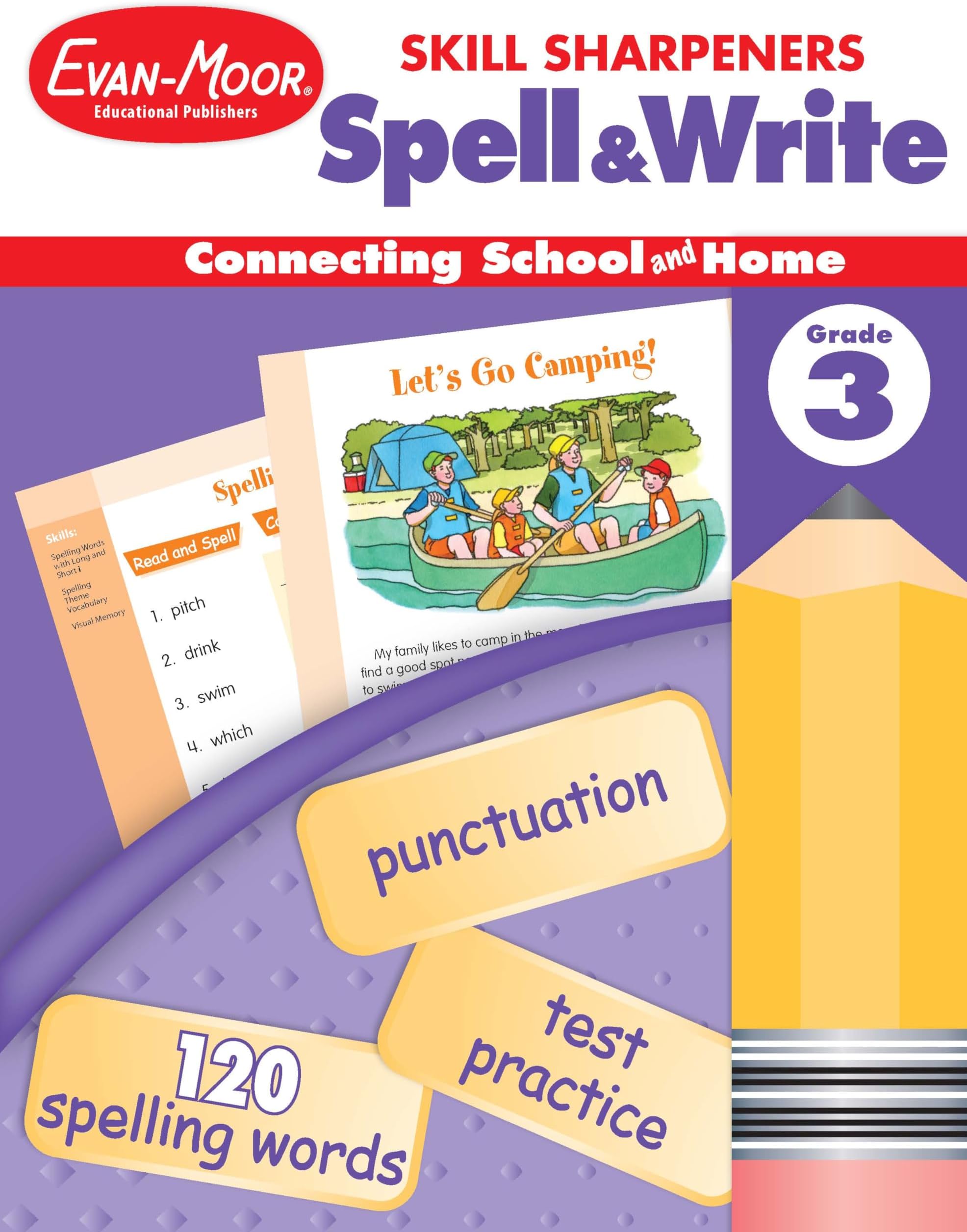 Evan-Moor Skill Sharpeners Spell and Write Workbook, Grade 3, 120 Spelling Words, Test Prep, Word Families, Short Vowels, Grammar, Punctuation, Creative Writing, Vocabulary, Activities, Homeschool