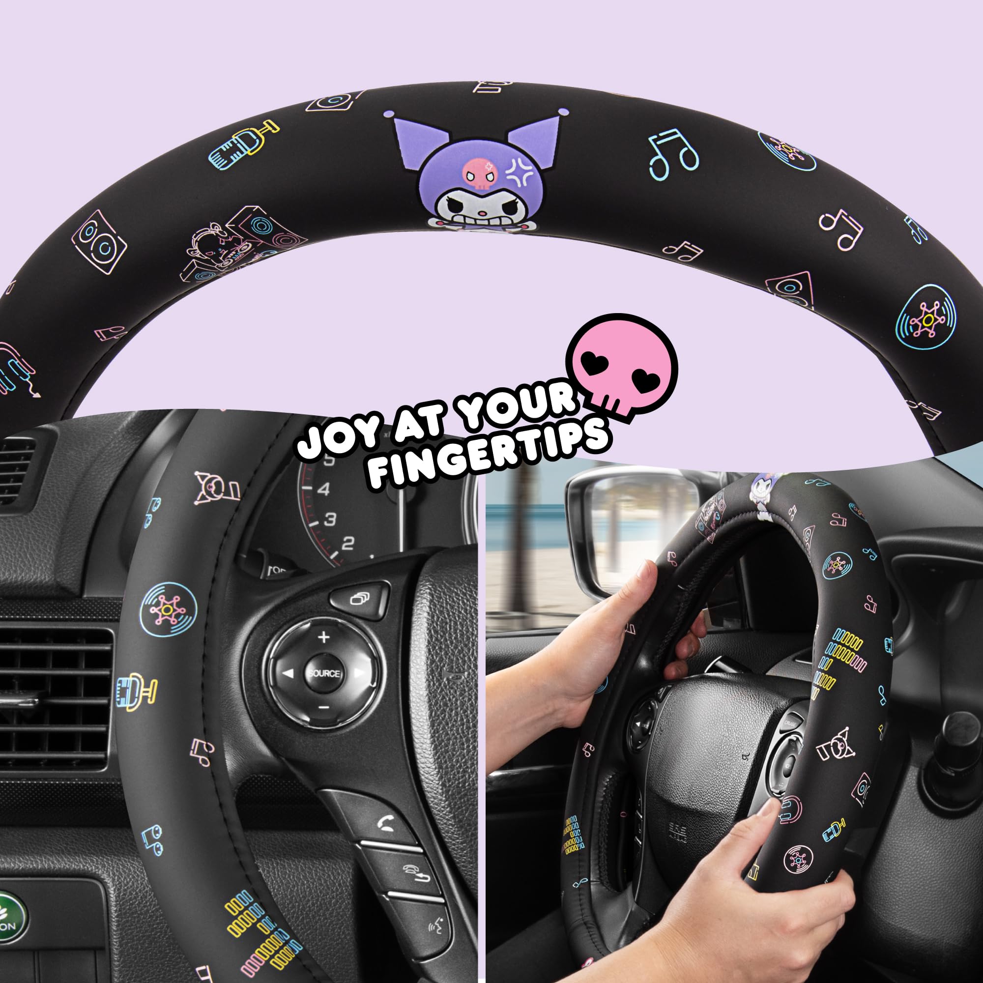 Carbella Housse de Volant de Taille Universelle 36,8 à 49,5, Housse de Volant Mignonne Kawaii Noire pour Femme, Accessoires de Voiture Kuromi (Noir)