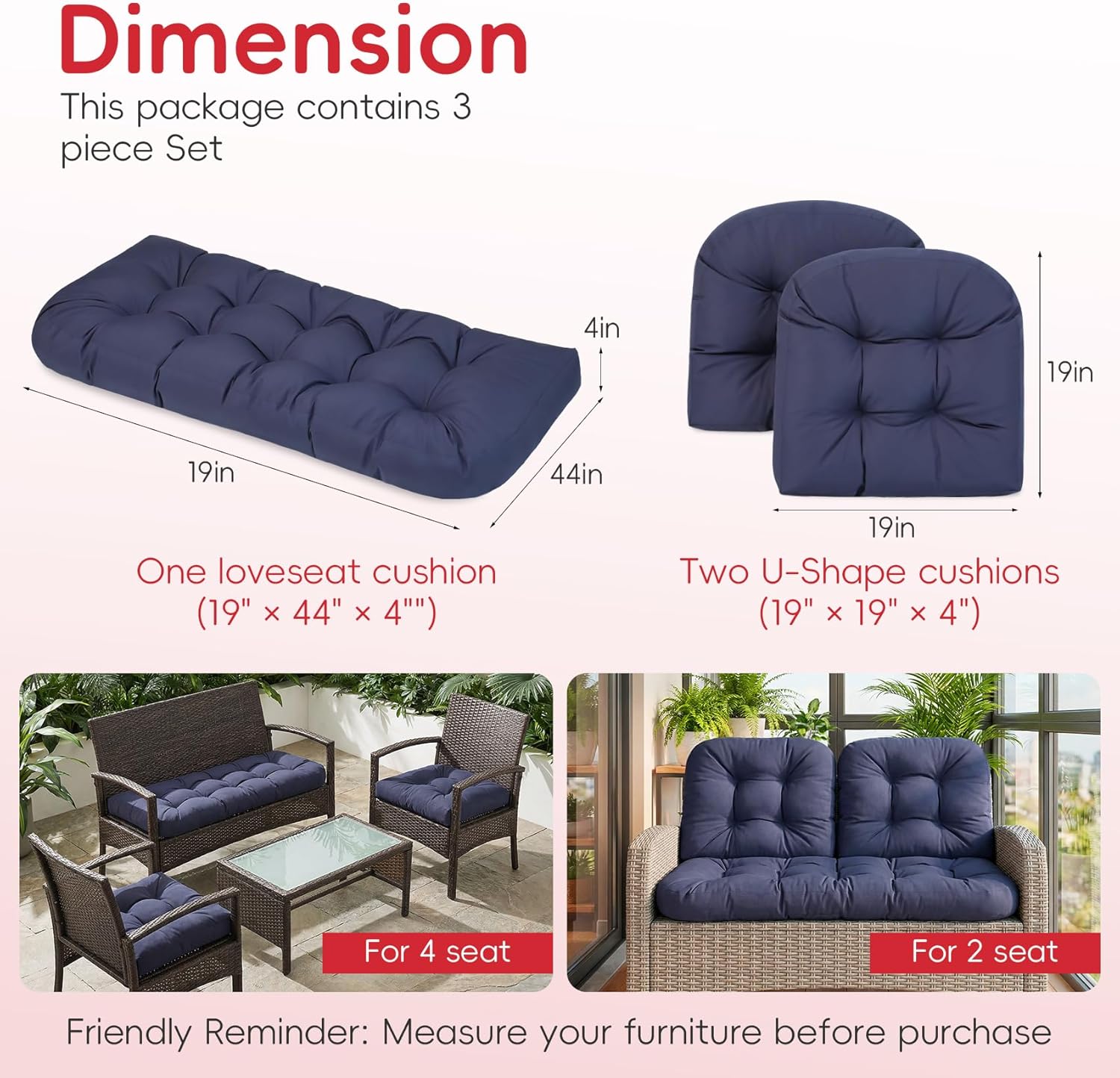 Wicker Furniture Cushions Set of 3, Waterproof Outdoor Loveseat Cushions for Patio Furniture, 4 Inch Thick Tufted Non-Slip Outdoor Cushions for Wicker Patio Furniture (Navy Blue, 44" x 19")