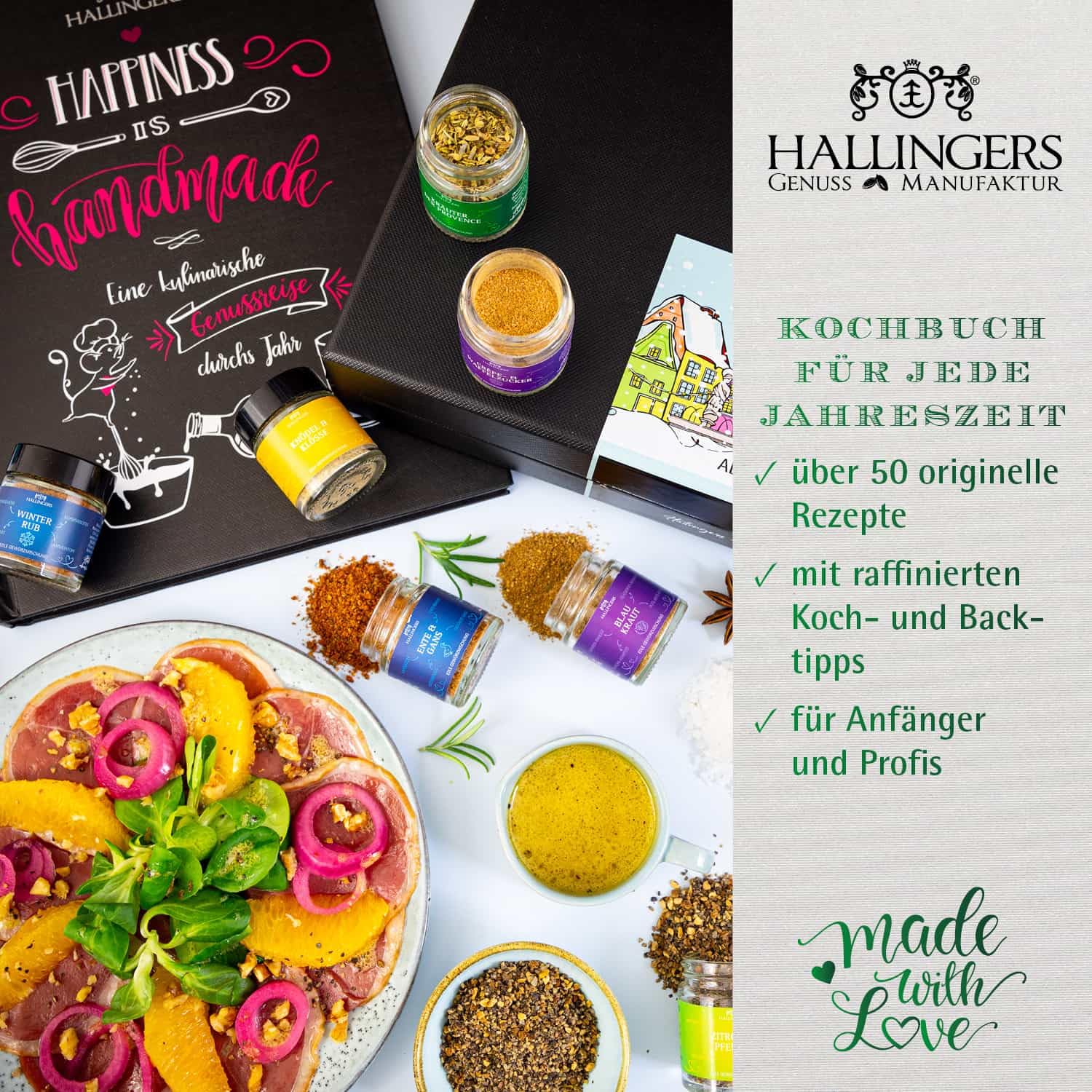 Hallingers Genuss Manufaktur Gewürz Adventskalender - 24 Gewürze aus aller Welt in edler Box mit Rezept-Booklet "Winterkalender ..." Bundle mit Kochbuch, Weihnachtskalender für Frauen Männer