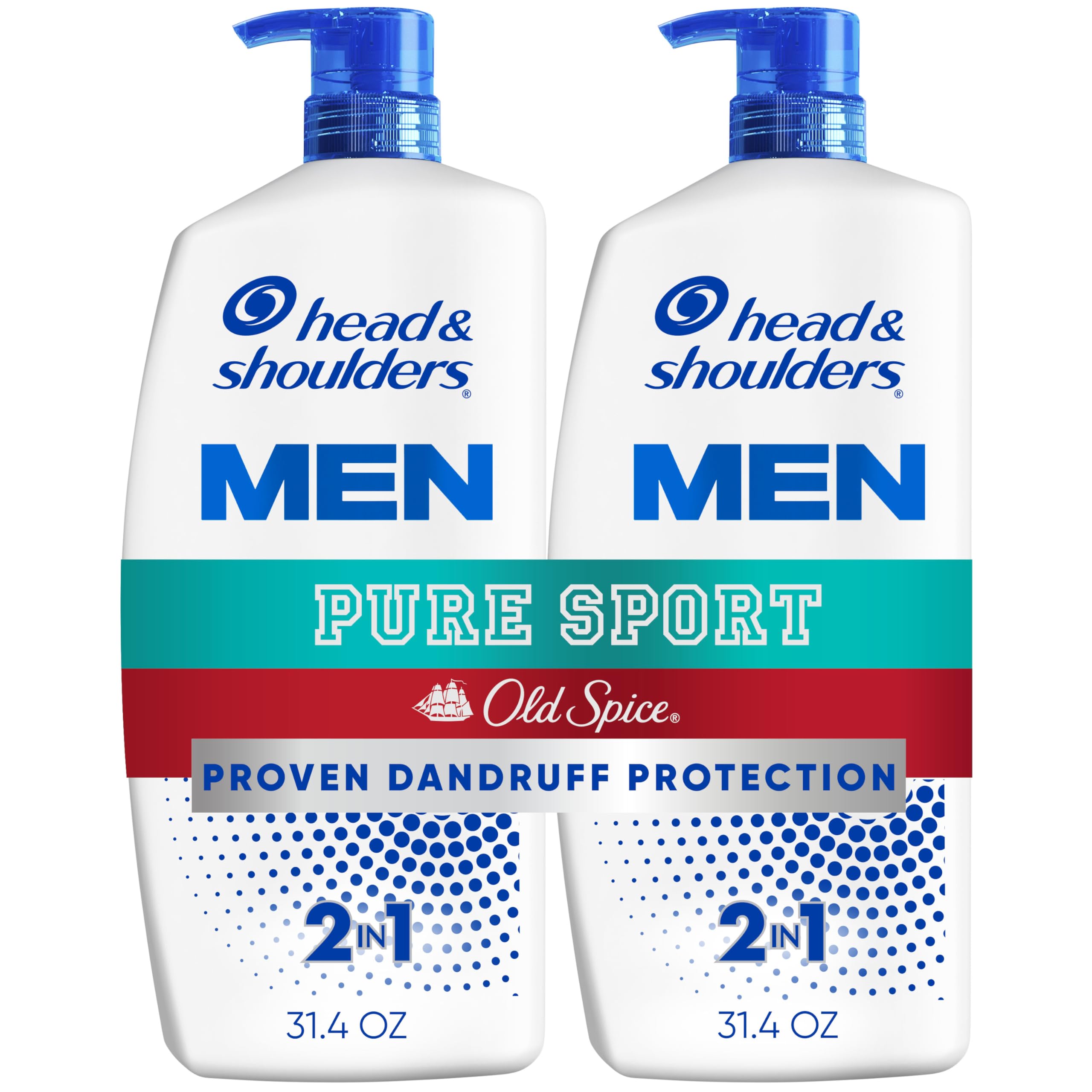 Mens Anti-Dandruff Shampoo and Conditioner with 1% Pyrithione Zinc, Old Spice Pure Sport Men's 2-in-1 Twin Pack, Shampoo for Men, 31.4 fl oz Each