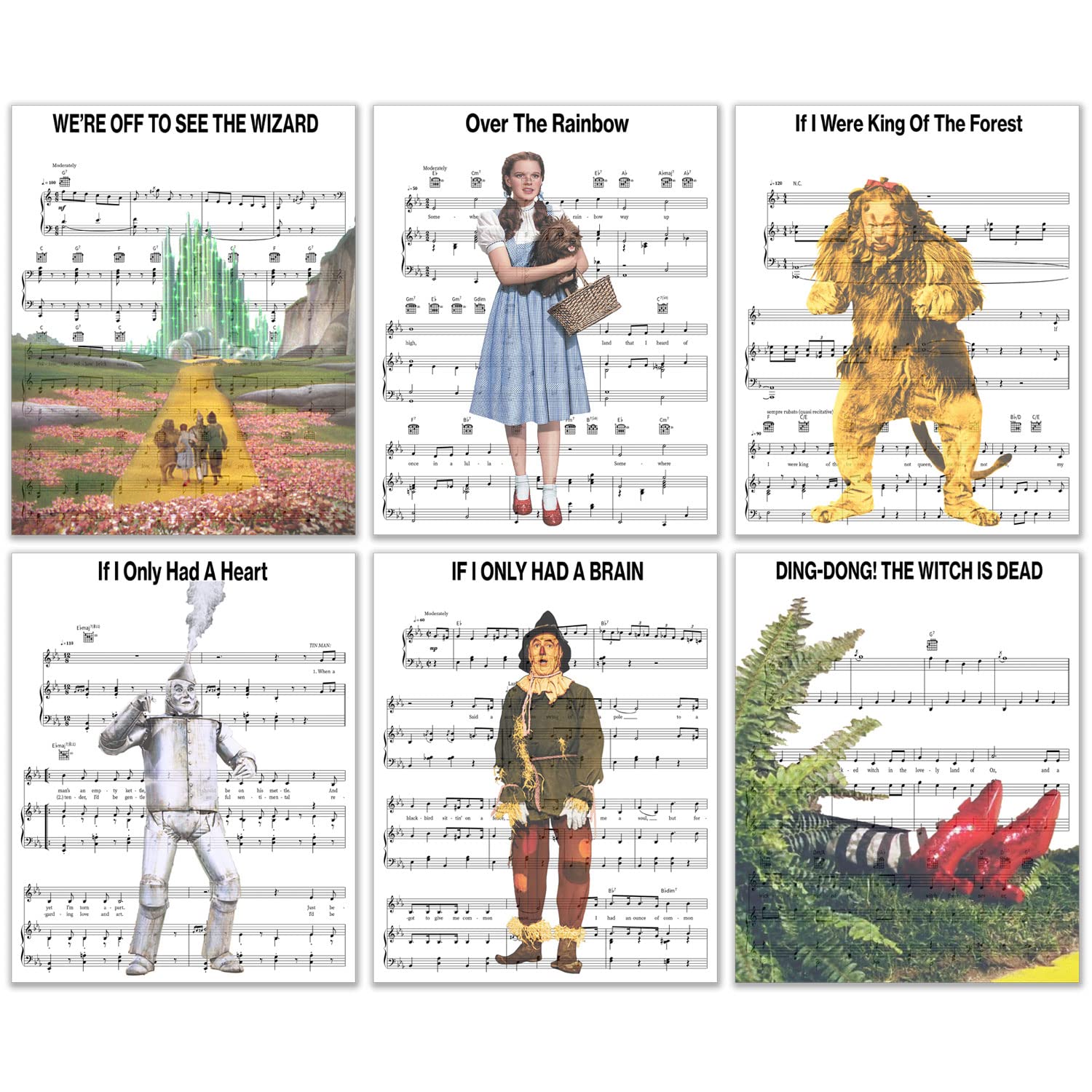 PICTURE THIS PRINTS Wizard of Oz Music Sheets,Music Sheet Song Photos Poster Prints,wizard of oz wall decor,wizard of oz poster set of 6 (8 inches x 10 inches) Dorothy,The Tin Man,The Cowardly Lion,Scarecrow,White Black Green Red