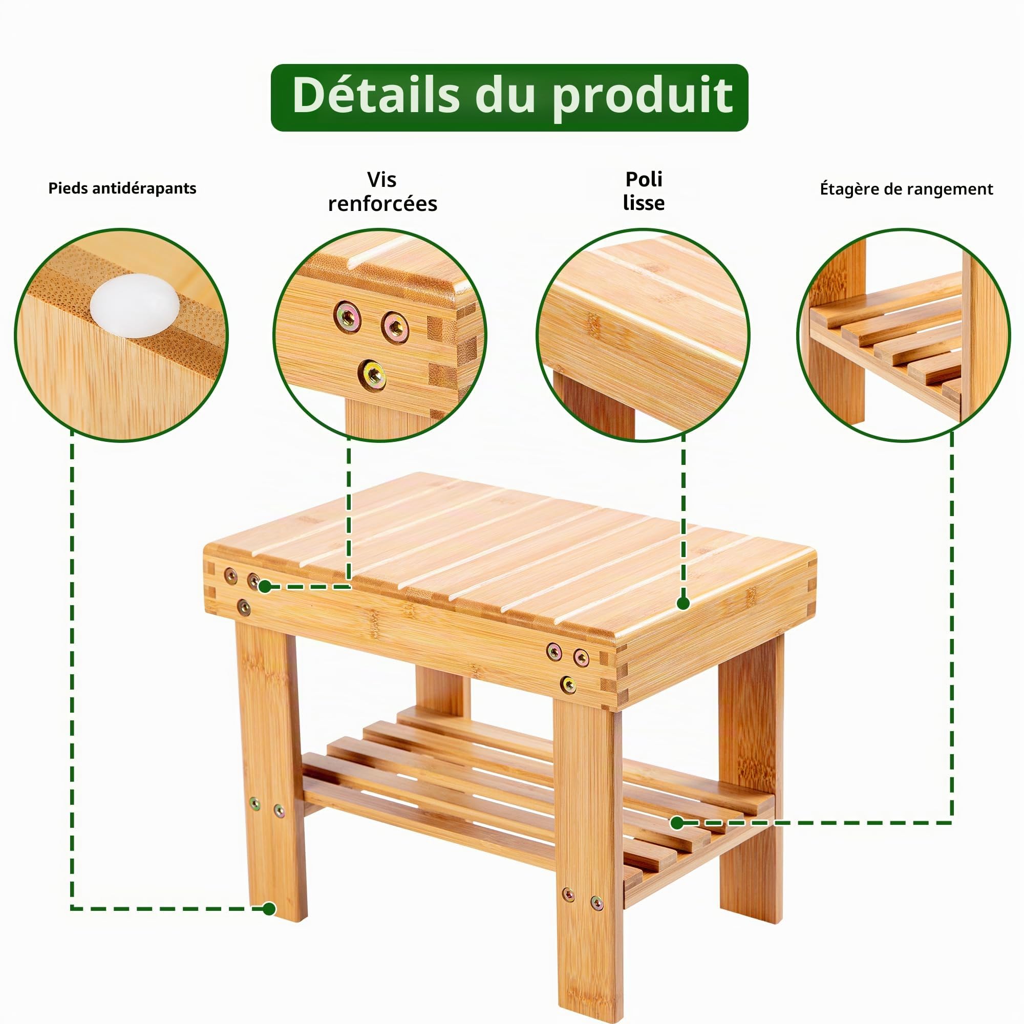 VaeFae Petit Tabouret de siège en Bambou, Repose-Pieds et étagère de Rangement, Durable, léger et antidérapant