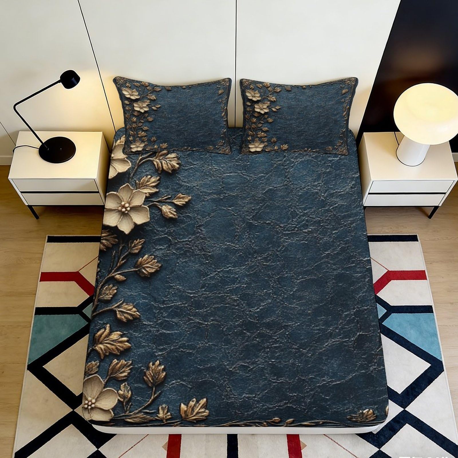 3D Printed Floral Blue Fitted Sheet Microfiber Soft Durable Embossed Leaf Bed Cover for Bedroom Dormitory Guest Room Mattress Protection 90x200x25cm