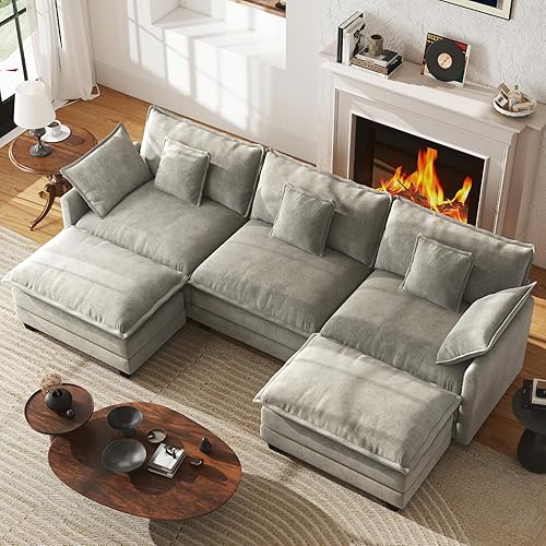 WorthFurni 111.4” Modular Sectional Sofa, U Shape Cloud Couch with 2 Movable Ottoman, Comfy Chenille Deep Seat Sofa with Soft Pillows for Apartment Living Room Bedroom（Grey）