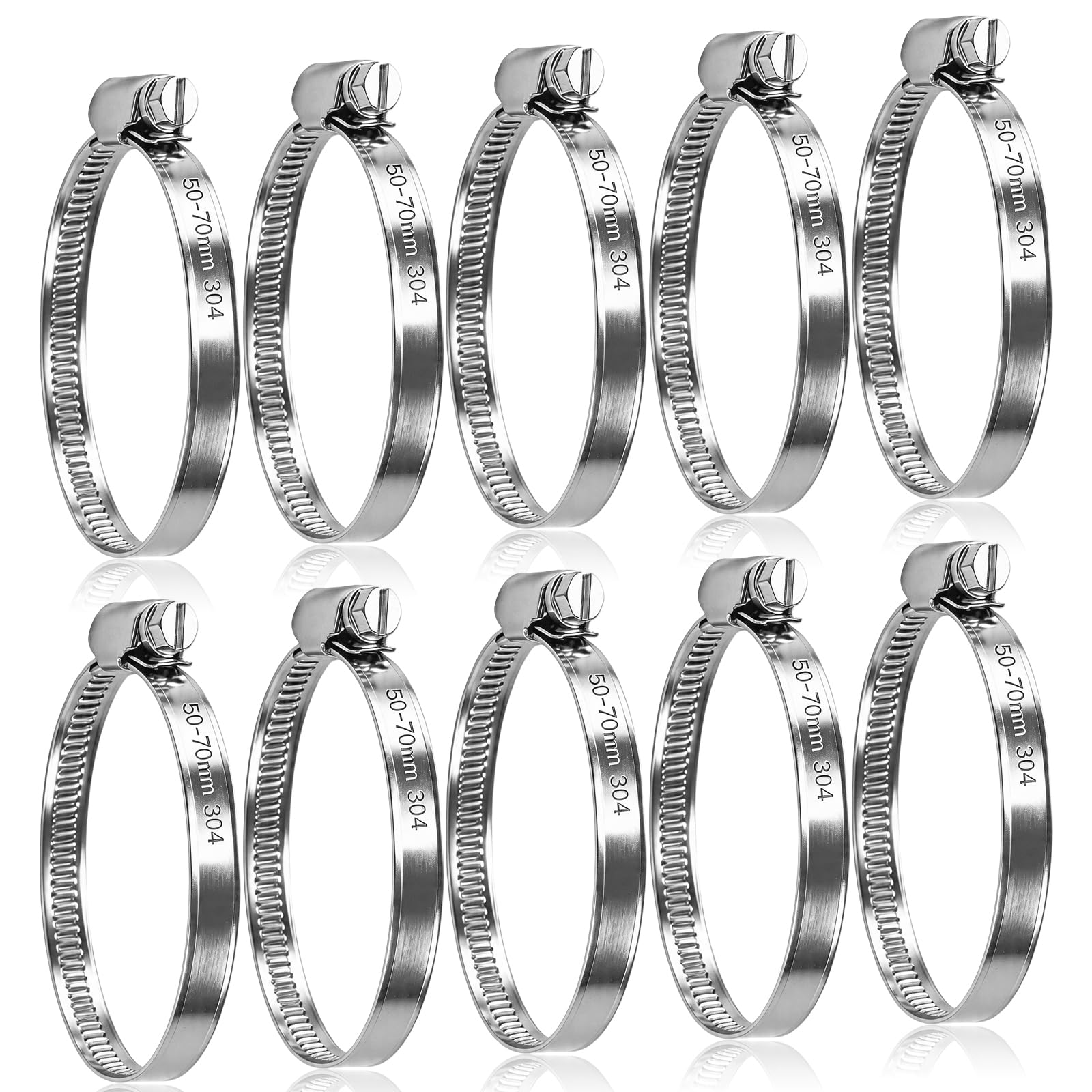 10PCs Jubilee Clips 50-70mm,Hose Clips,Adjustable 304 Stainless Steel Hose Clamps,Pipe Clamps,Worm Drive Pipe Hose Clamps Clip,Jubilee Hose Clip for Exhaust Hose Pipe Fuel Line Garden Connections