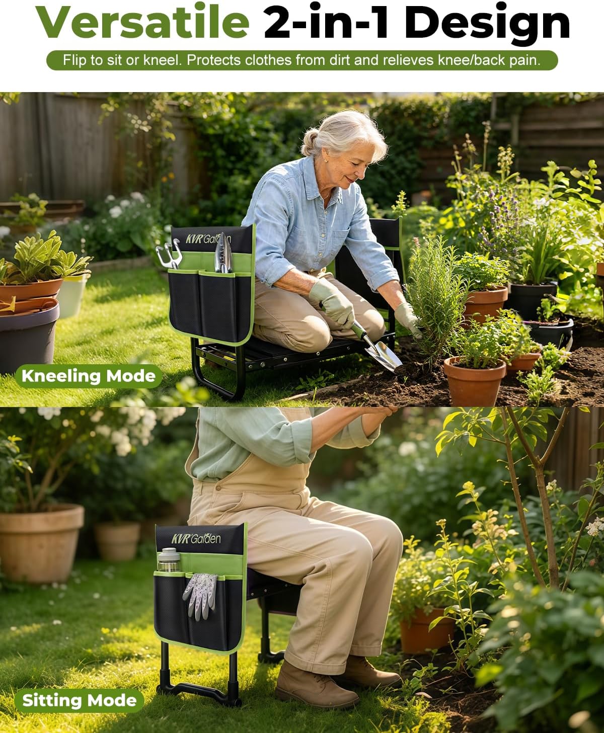 Garden Stool & Kneeler 7-Piece Set with 3 Aluminum Tools, Double-Layer Tote Bag & 2 Side Pouches - Foldable Gardening Bench Kit - Ideal Gifts for Women Mom Seniors (Light Green)