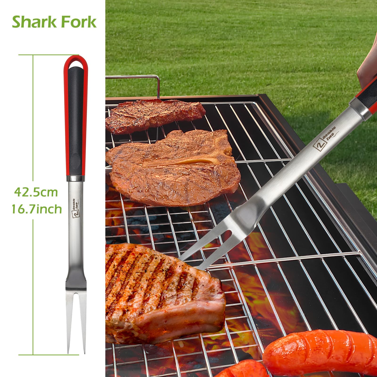 Juego de herramientas de barbacoa de acero inoxidable de 4 piezas, pinzas, tenedor, espátula, cepillo, utensilios para parrilla - Herramientas para asar al aire libre - Kits de barbacoa 3