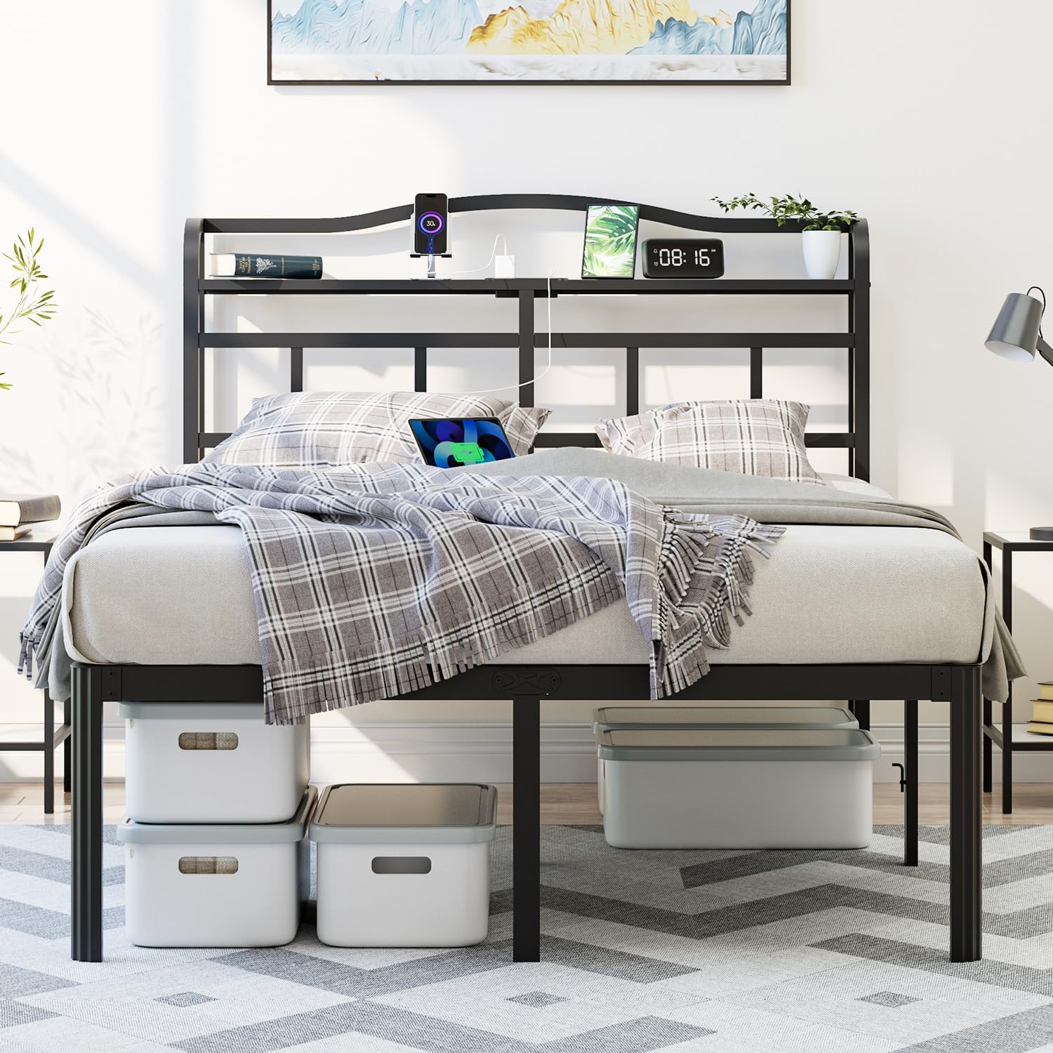 HOMCOM 4.8FT Double Bed Frame with Storage Headboard and Under Bed Storage