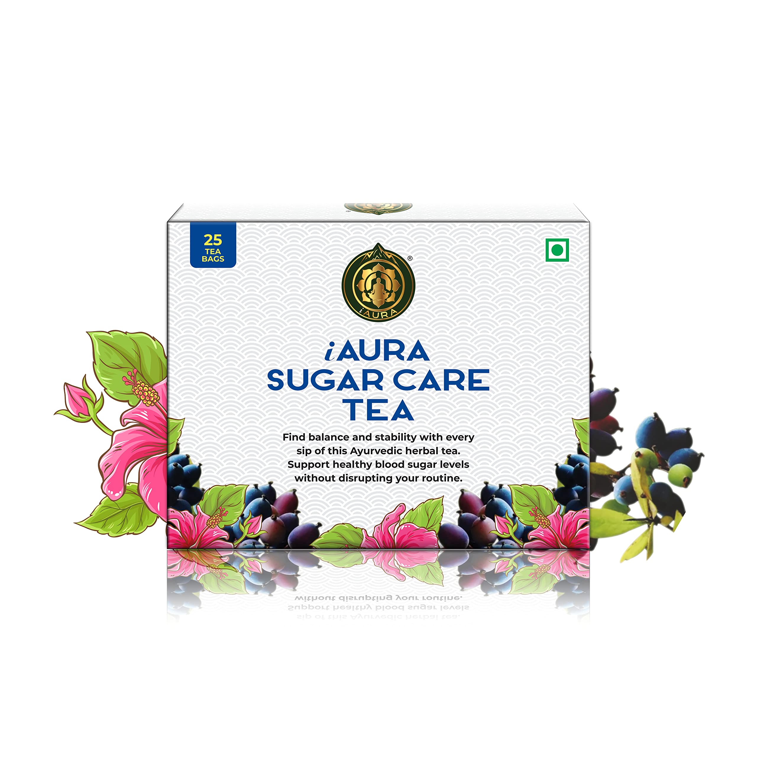 iAura SUGAR CARE TEA | Diabetic Tea | Sugar Control Tea | Nettle (Urtica dioica), Indian Barberry (Berberis aristata), Hibiscus (Hibiscus rosa-sinensis) - 25 Pyramid Tea Bags