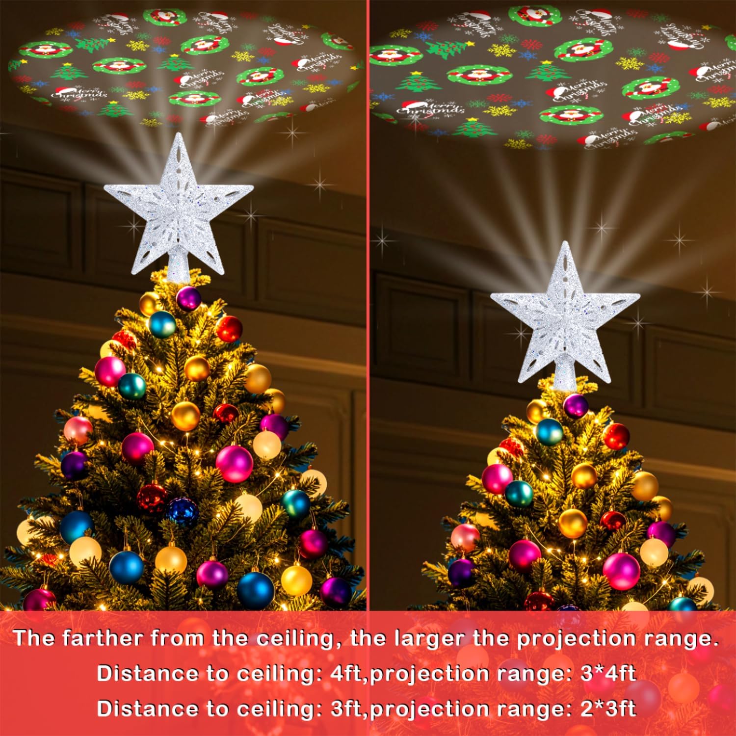 YIJXPOIN Christmas Tree Topper Lighted with 8 Projection Modes, Christmas Star Tree Topper Built-in LED Rotating Lights, 3D Silver Star Tree Top Glitter Projector for Xmas Party Holiday Decorations