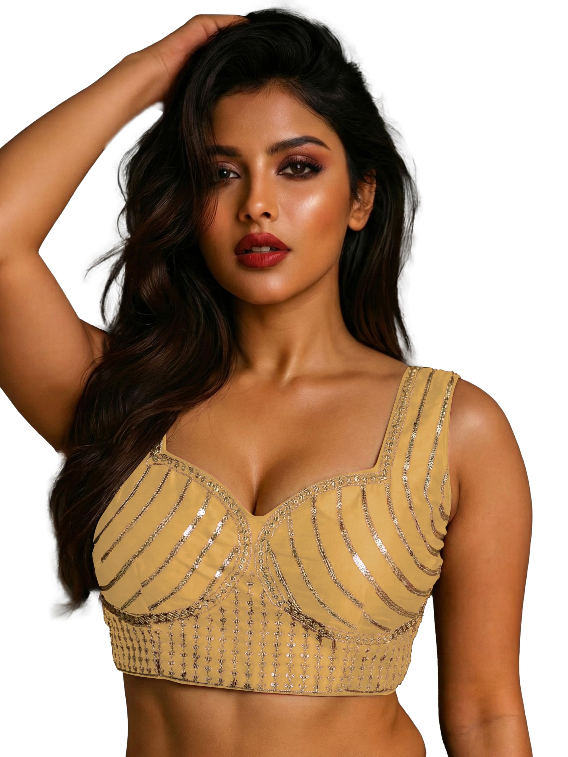 TRENDMALLS Women's Dhupion Silk Embroidery Sequence Work Sweet Heart Neck Sleeveless Blouse Choli Stylish Saree Blouse Ready to Wear Free Size