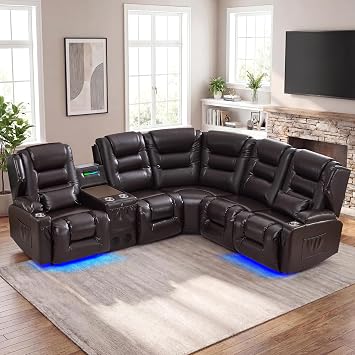 SAMERY Recliner Sectional Couch, Power Reclining Sectional Sofa, Wall Hugger Recliners RV Couch with Corner Couch, Flip-Backrest, Lift-Top Table, Ambient Lights, USB, Faux Leather, Brown