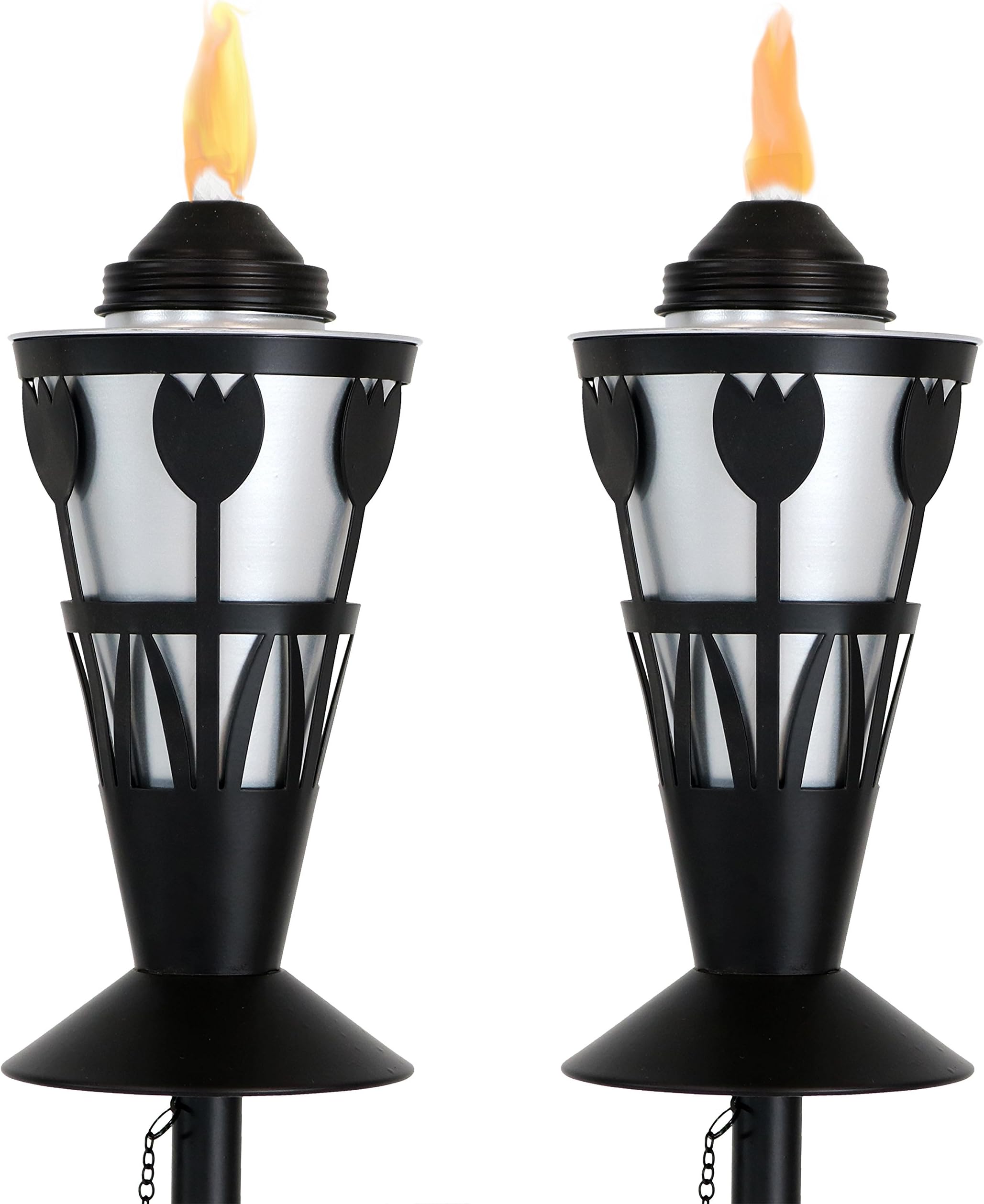 Sunnydaze Steel Outdoor Torch with Tulip Design, Includes Snuffer, Set of 2, Color Options Available Black/Silver