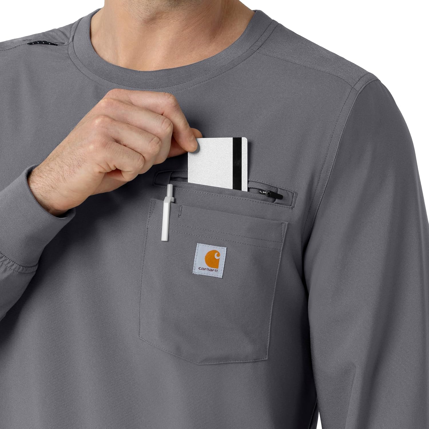 Carhartt Force Cross-Flex Scrubs for Men, Crew Neck Long Sleeve Scrub Top - Pewter, L - Image 6
