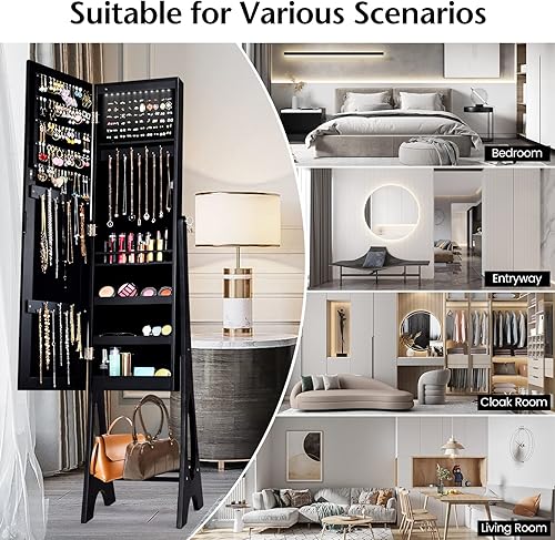 Vista 7 de COSTWAY Armario de joyería con espejo de 12 LED, organizador de almacenamiento de joyas independiente con espejo de longitud completa, Armario