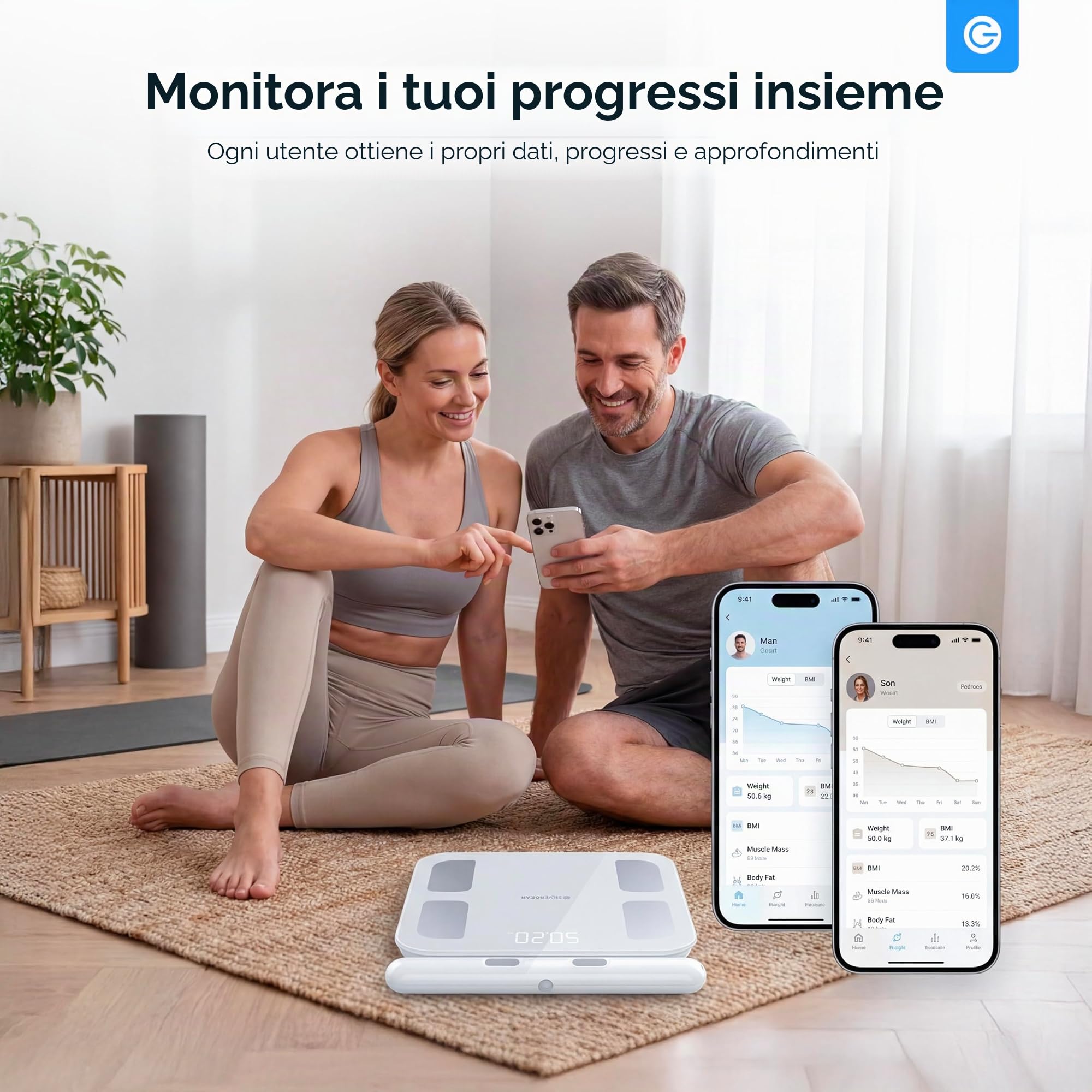 Silvergear® Bilancia Pesapersone PRO | Bilancia Impedenziometrica Bluetooth con APP | Bilancia Digitale Professionale con Grasso Corporeo, Massa Muscolare, BMI, Peso Osseo, BMR e Frequenza Ca