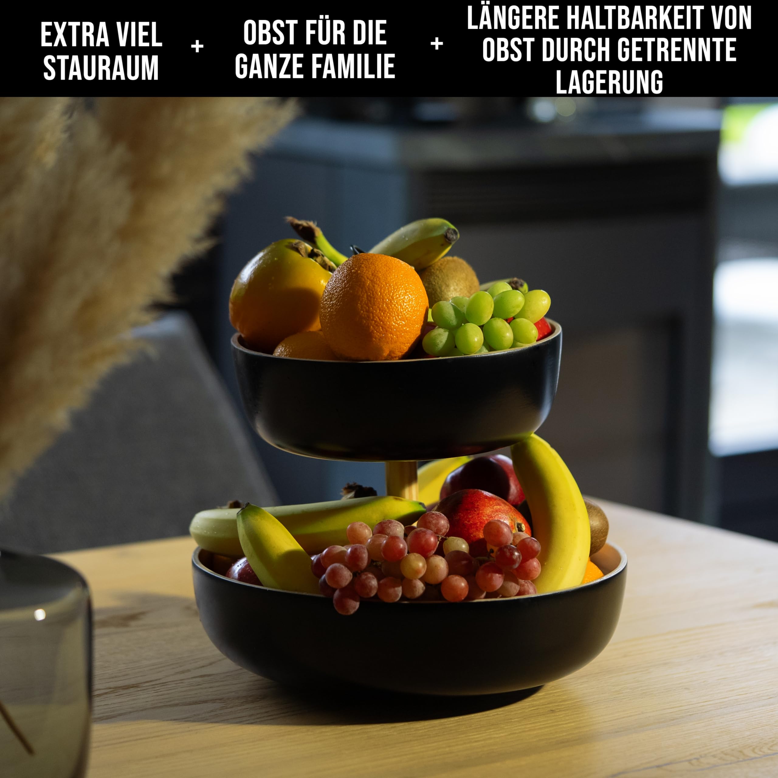 Tiali Obst Etagere 2 Etagen Bambus - Holz für Extra Viel Stauraum - Obstkorb Weiß aus Natürlichem Bambus für Frisches Obst - Fruit Basket - Moderne Obstschale für die Ganze Familie