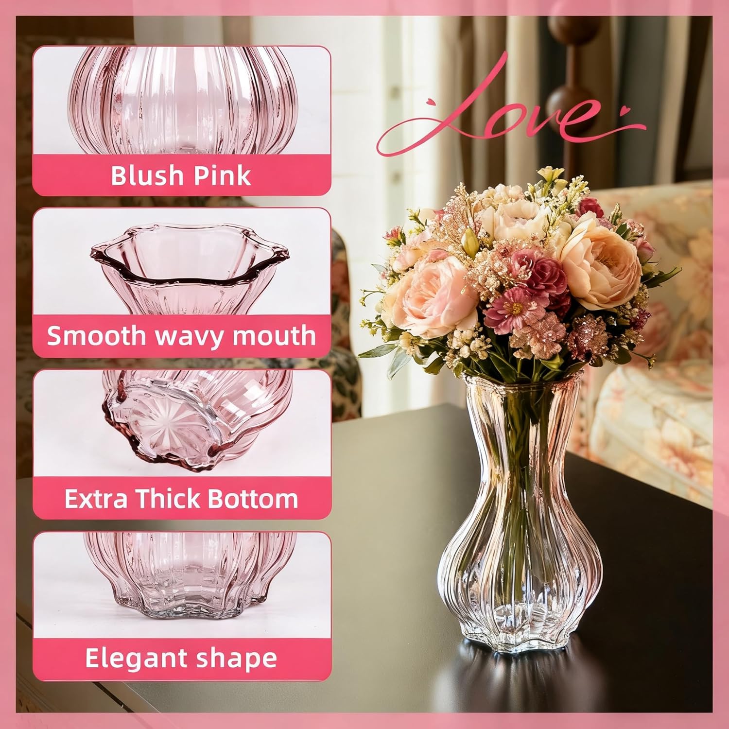 Flower Vase,Glass Vases Set of 2,Blush Clear Pink Vase 8 inch,for Home Decor,Valentains Day Decorations Indoor,Gifts,Wedding,Anniversary,Centerpieces - Image 2