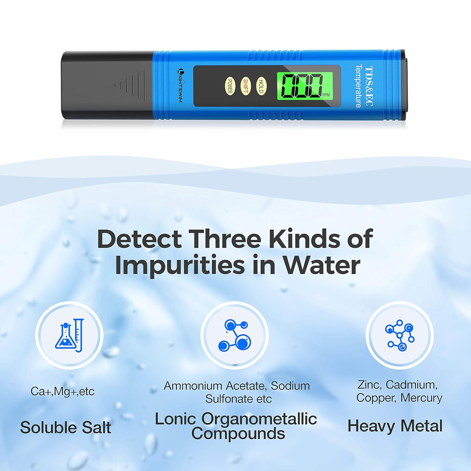 Lightswim Tester della qualità dell'Acqua, misuratore di PH con risoluzione ad Alta precisione 0,01, misuratore di Temperatura TDS + EC + 3 in 1 per Acqua Potabile, Acquario, Piscina, Spa (Verde) - Immagine 2